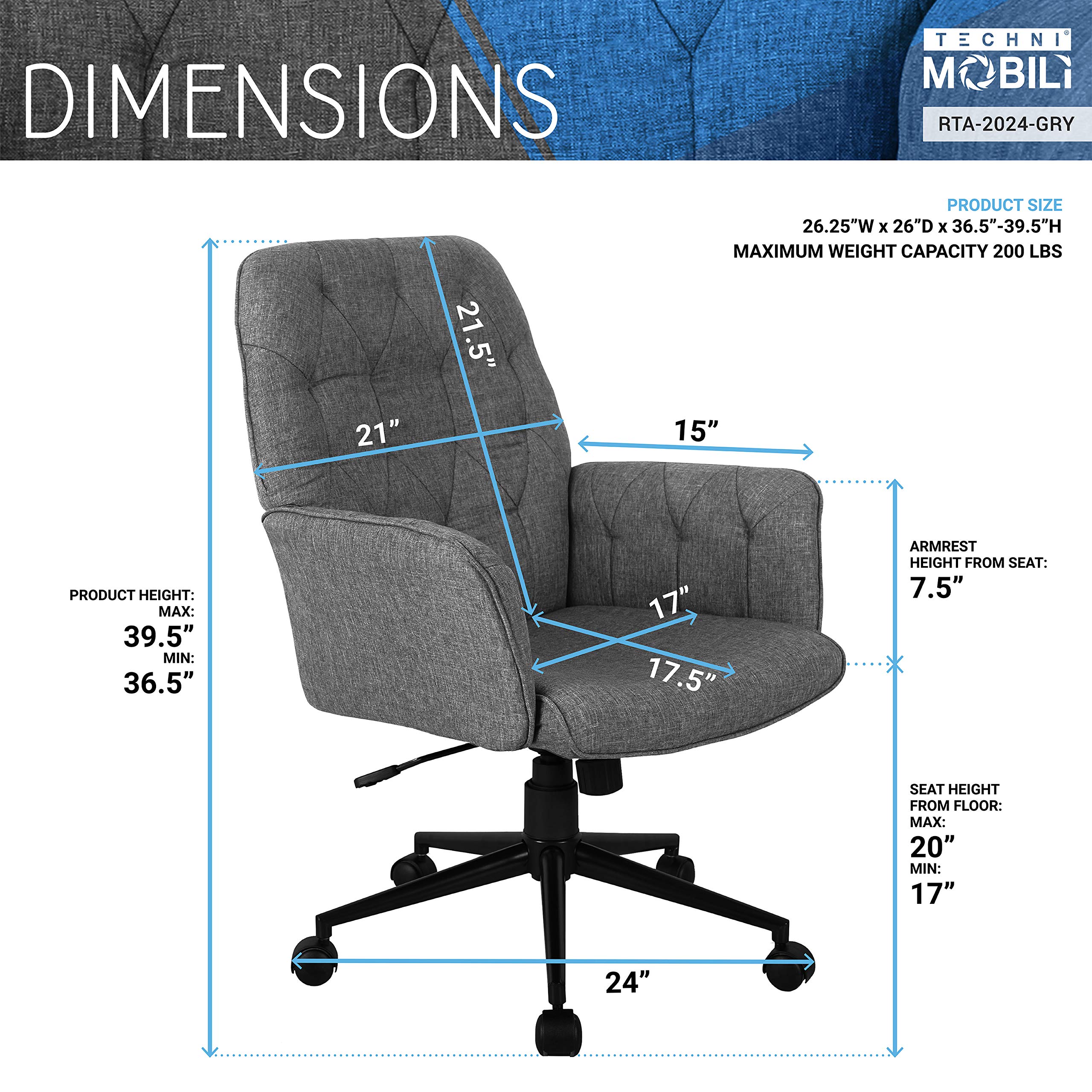 Techni Mobili Executive Modern Upholstered Tufted Office Chair With Arms, Regular, Grey