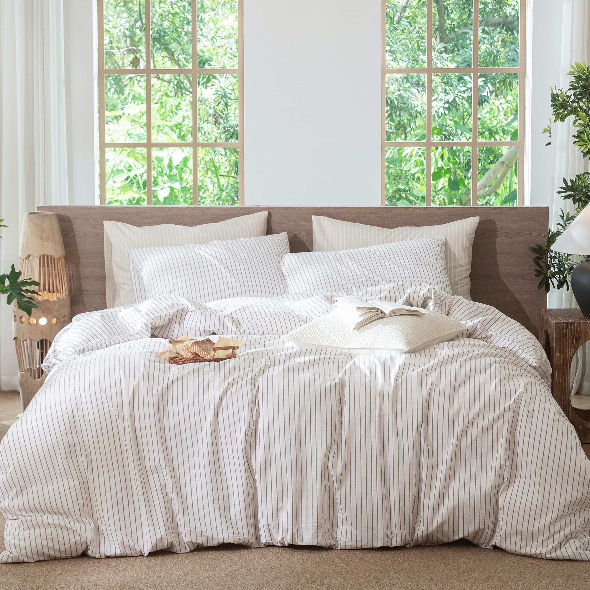 MooMee Striped Duvet Cover Set 100% Washed Cotton Linen Like Textured Breathable Durable Soft Comfy (White Orange Wide Stripes, 
