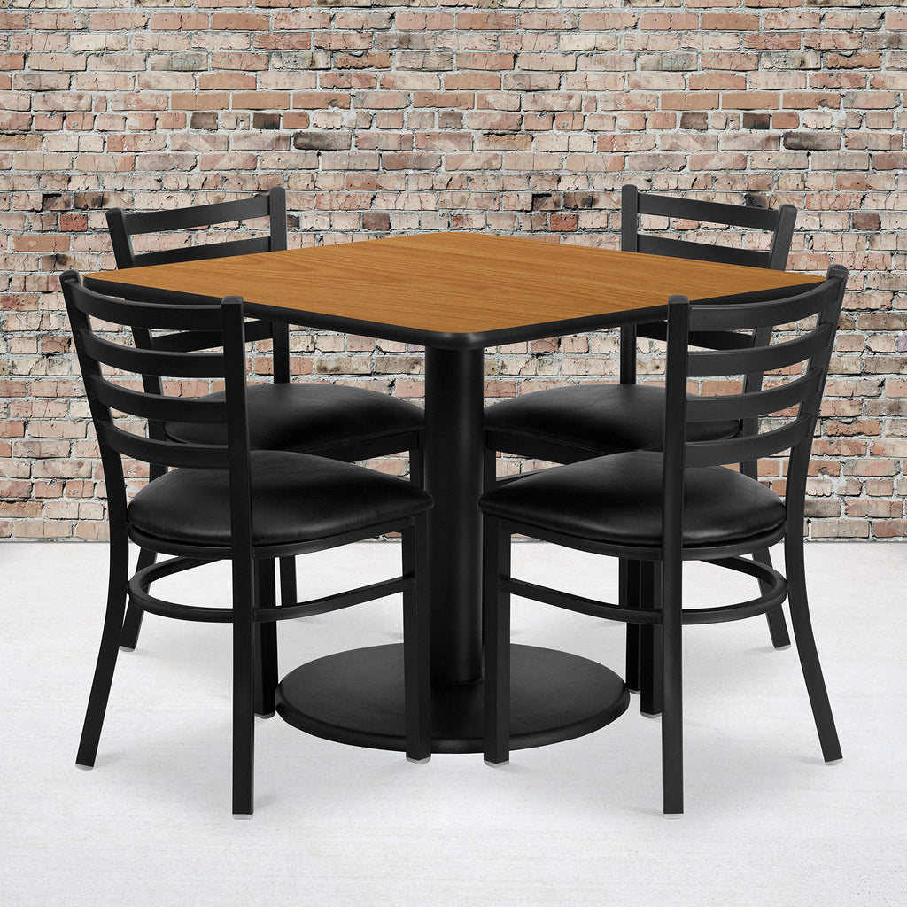 Flash Furniture Jamie 36'' Square Natural Laminate Table Set With Round Base And 4 Ladder Back Metal Chairs - Black Vinyl Seat