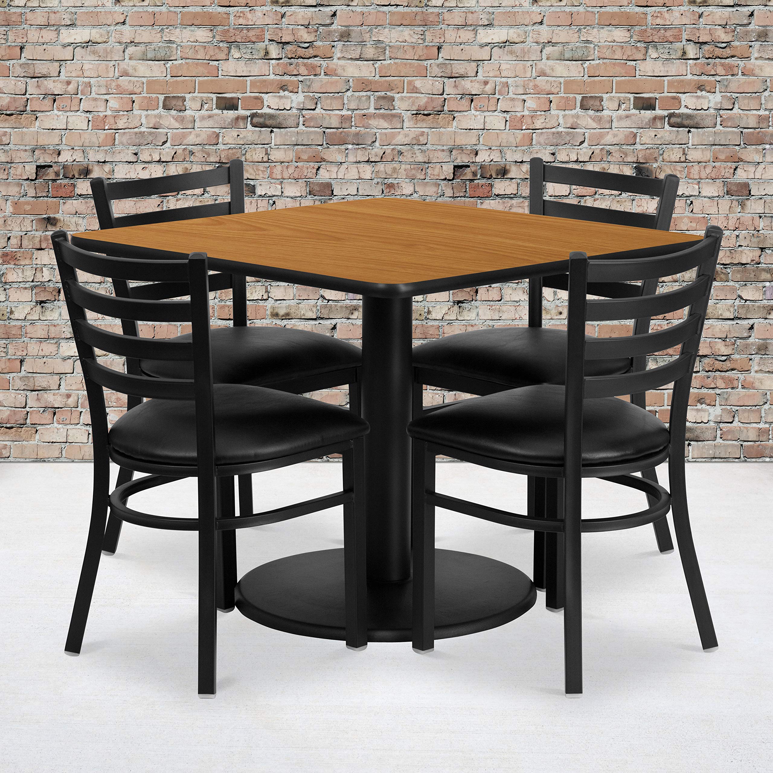 Flash Furniture Jamie 36'' Square Natural Laminate Table Set With Round Base And 4 Ladder Back Metal Chairs - Black Vinyl Seat