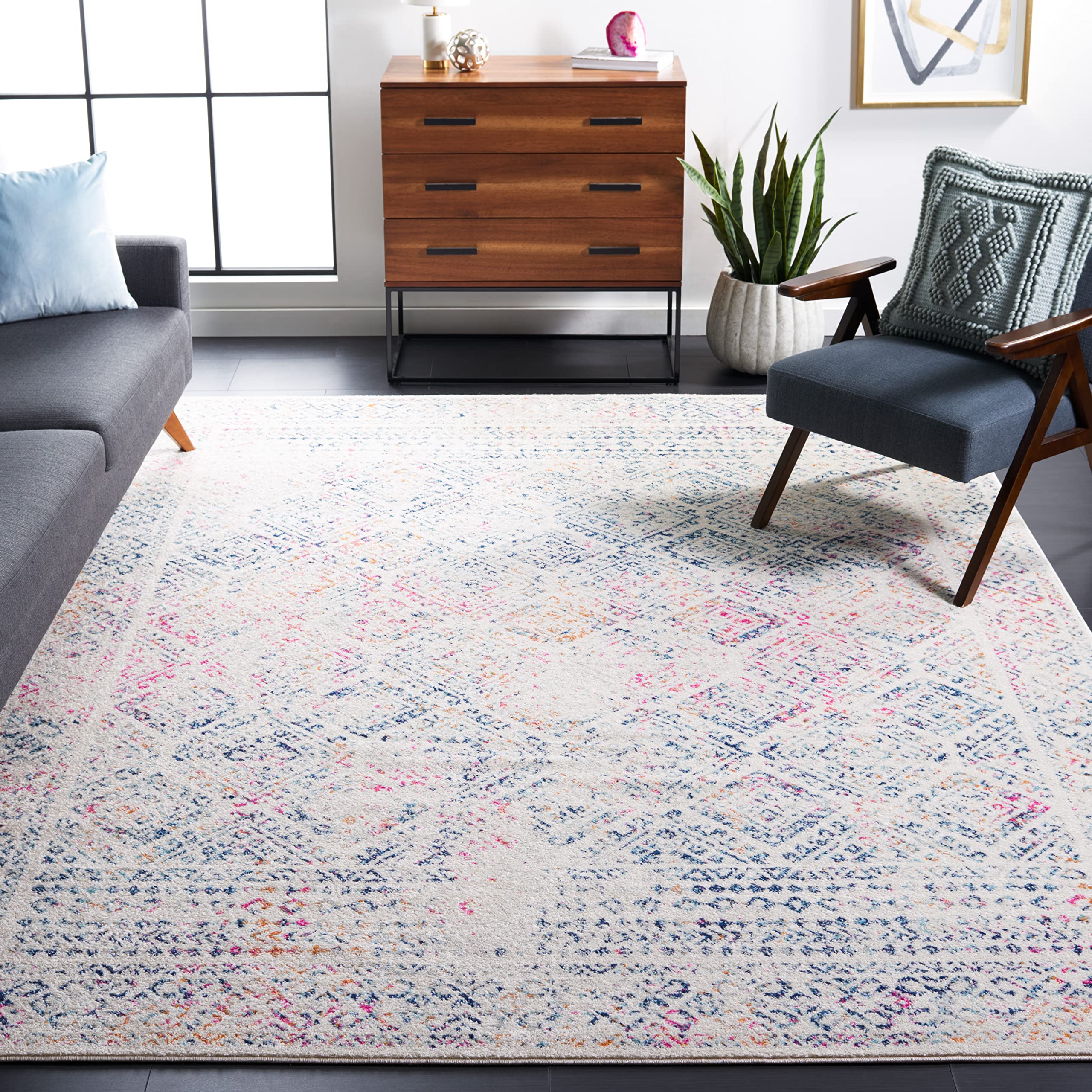 SAFAVIEH Tulum Collection Area Rug - 8 x 10, Ivory & Dark Blue, Moroccan Boho Distressed Design, Non-Shedding & Easy Care, Ide