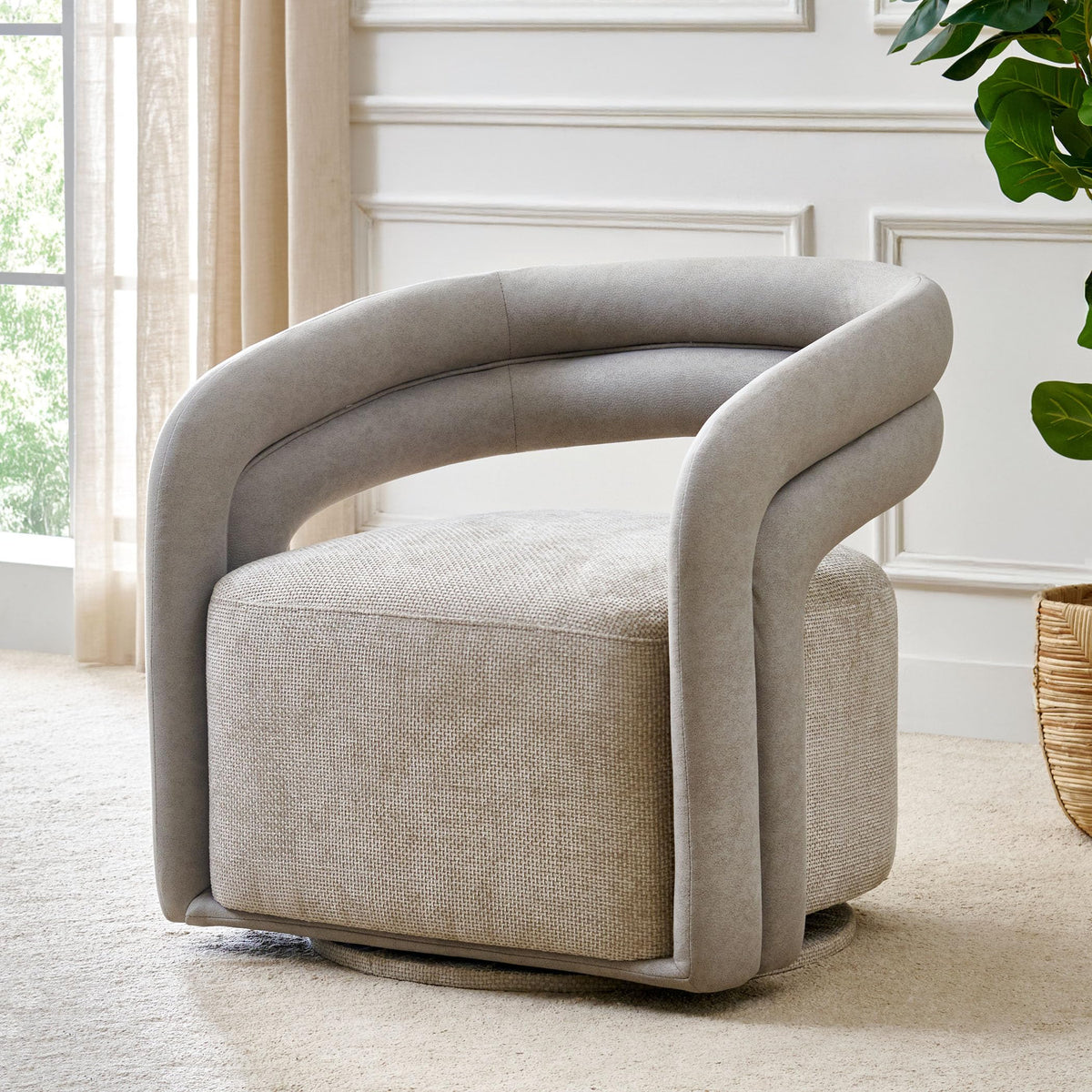 Home Centre | Vik Fabric Swivel Accent Chair | Accent Chair For Living Room | Metal | Greige | 1 Year Warranty