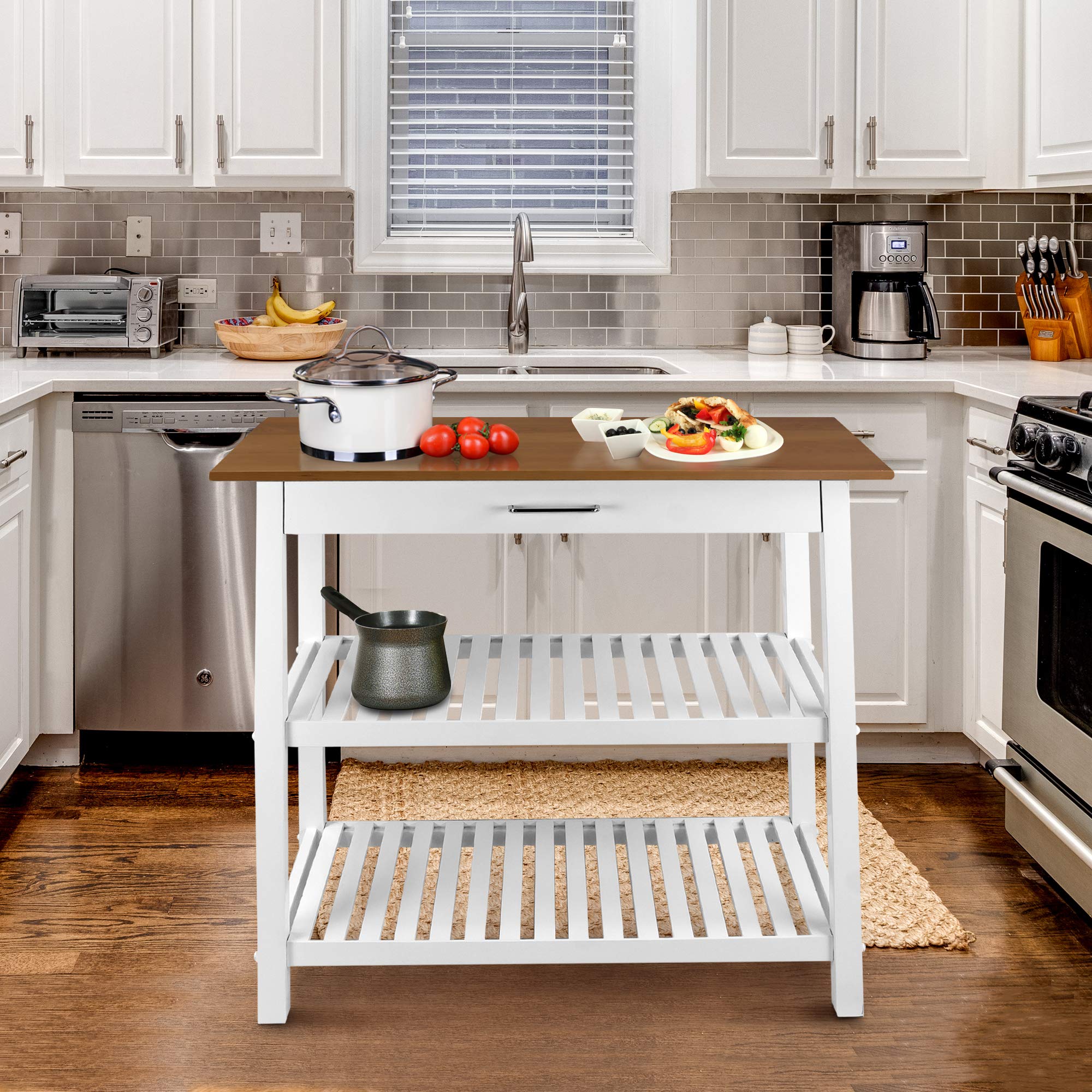 Casual Home Kitchen Island with Solid American, Two-Tone(White Base, Natural Cherry Top)