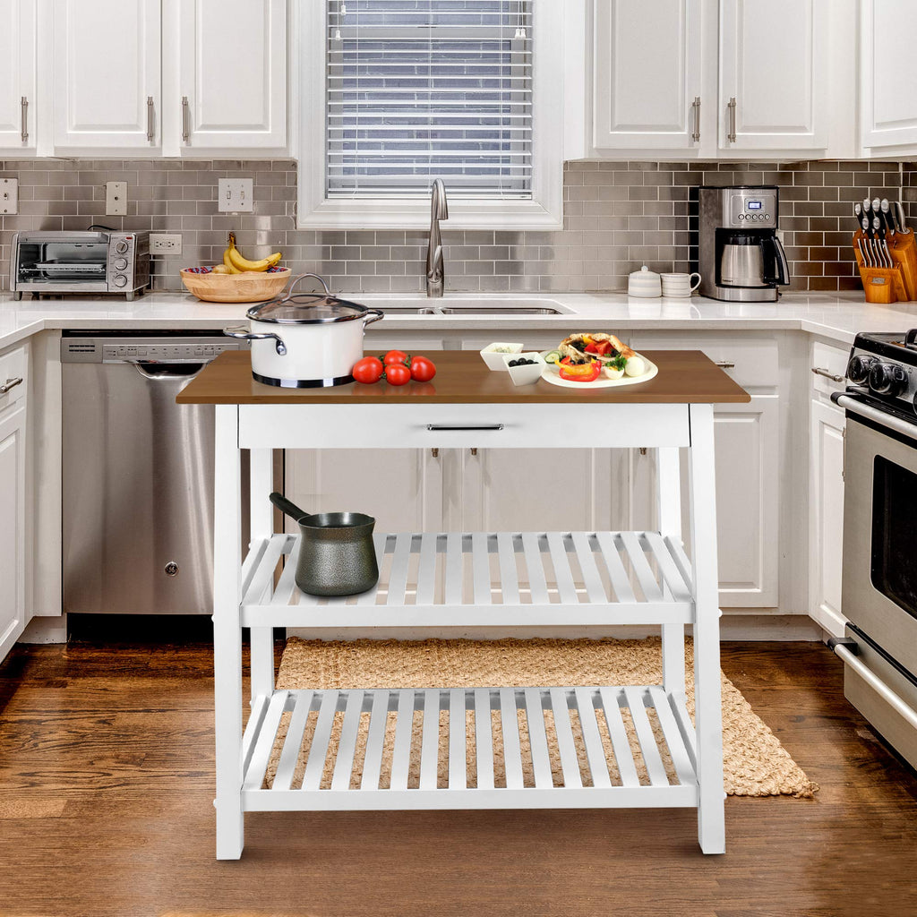 Casual Home Kitchen Island With Solid American Top, White & Cherry Natural