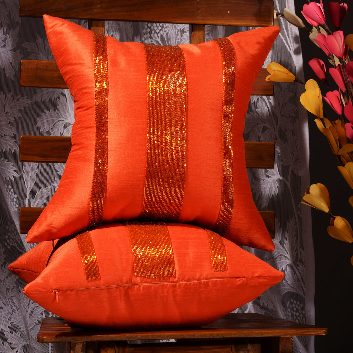 Scarlett Linens Beaded Cushion Covers 16X16 Inches Pack Of 1 | Orange Embroidered Cushion Covers | Orange Decorative Pillows | S
