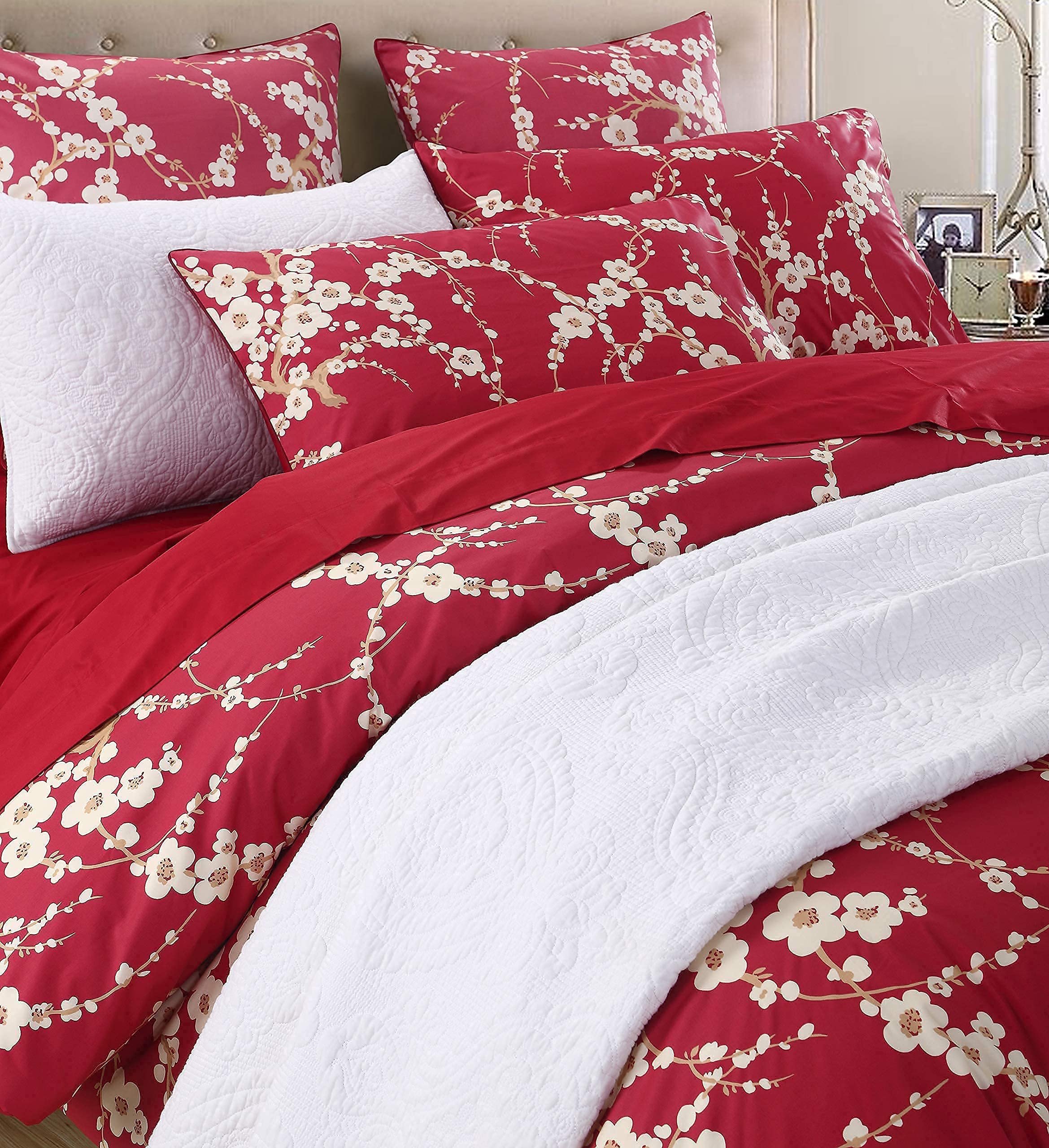 Brandream King Size Duvet Cover Set Japanese Oriental Style Cherry Floral Red Blossom Flower Branches Print Chinoiserie Bedding