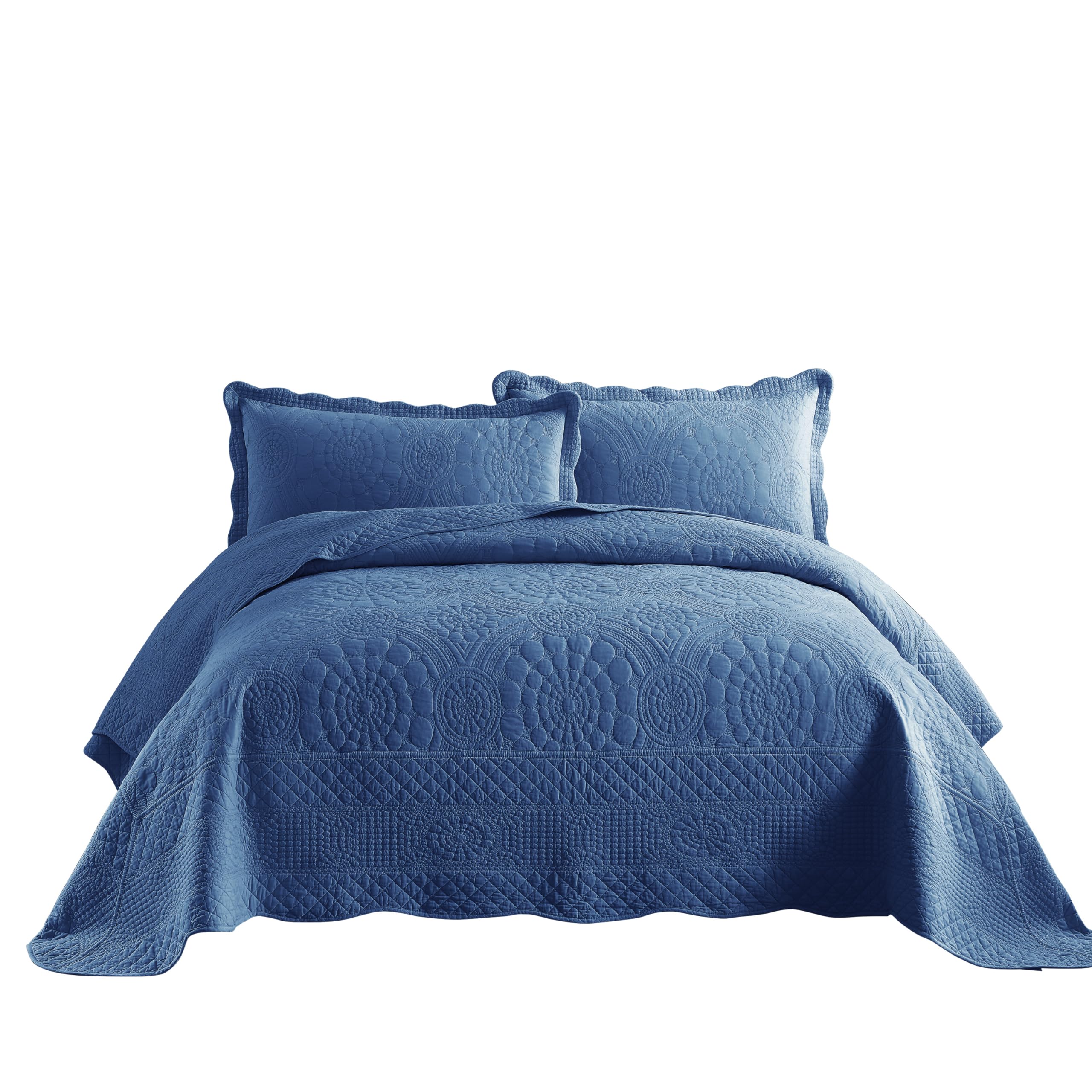 Marcielo 3-Piece 100% Cotton Oversized Bedspread Quilt Set Coverlet Set Farmhouse Bedding Set Tf, Midtone Blue, Queen