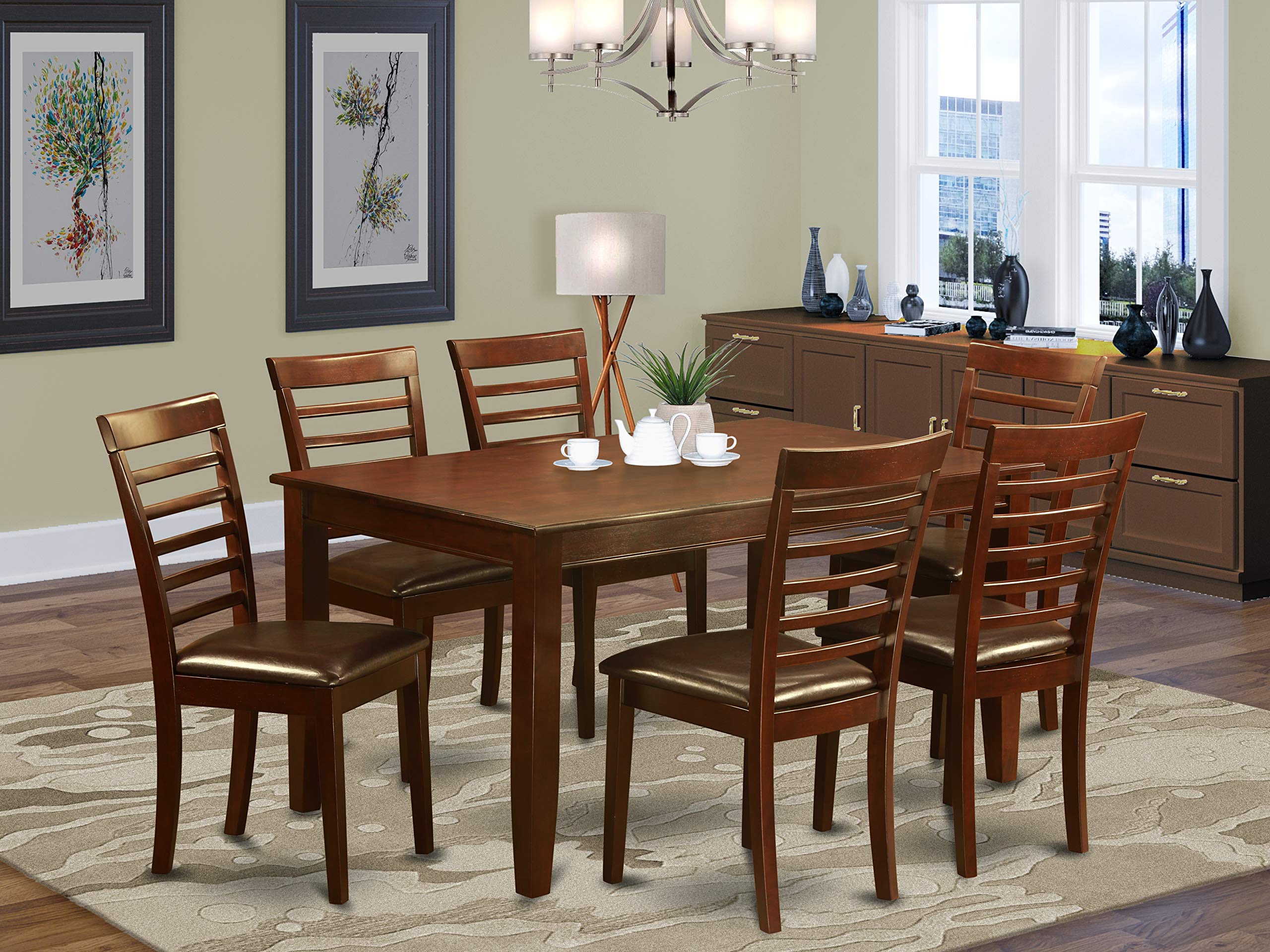 East West Furniture DUML7-MAH-LC Dudley 7 Piece Room Furniture Set Consist of a Rectangle Dining Table and 6 Faux Leather Upholstered Chairs, 36x60 Inch