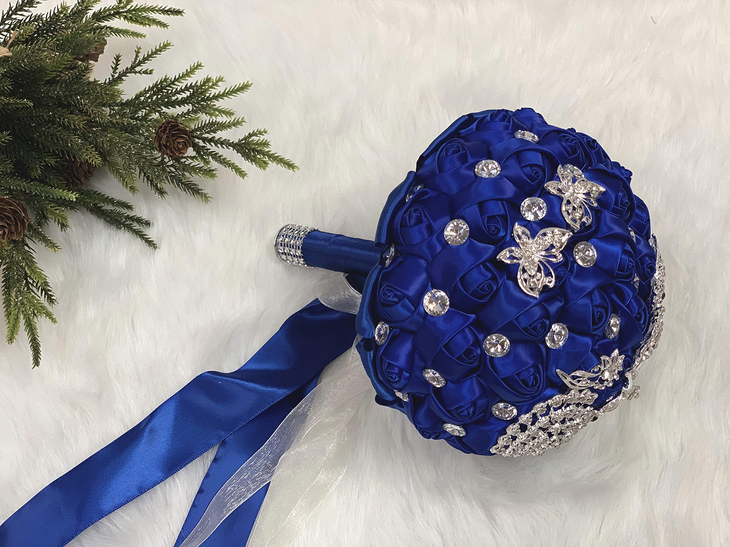 Abbie Home Sparkle Rhinestone Jewelry Bouquet - Satin Rose With Peacock Butterfly Brooches Bride Bridesmaids Wedding Flower (Roy
