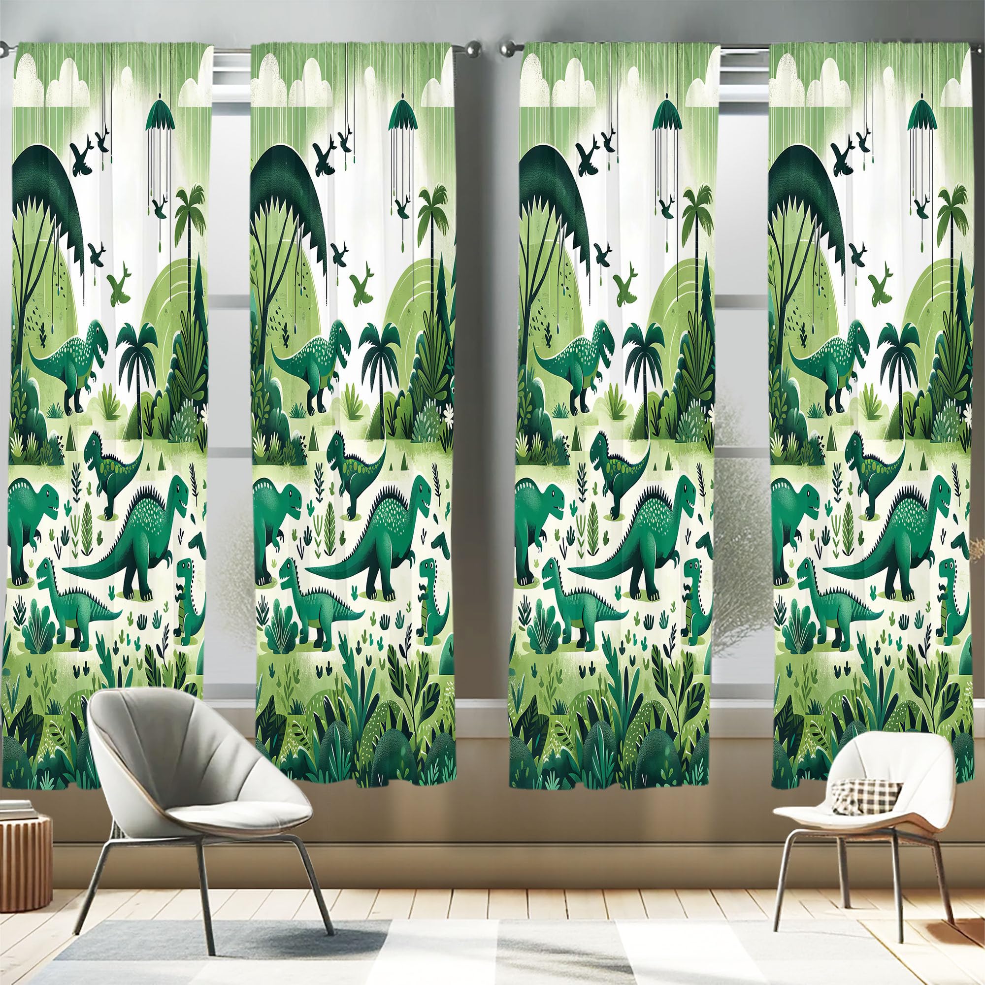 Ambesonne Dinosaur Window Curtains Pack of 2, Modern Artwork of Jurassic Scenario with Dino Animals and Wild Jungle, Lightweight