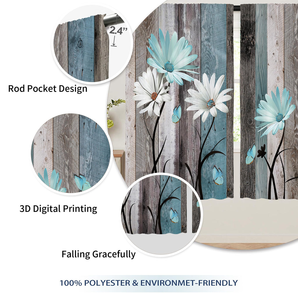 Laifzere Teal Farmhouse Daisy Curtains, Wooden Flower Window Curtains 29X63 Inch For Bedroom Living Room Decor, Rustic Floral Bu