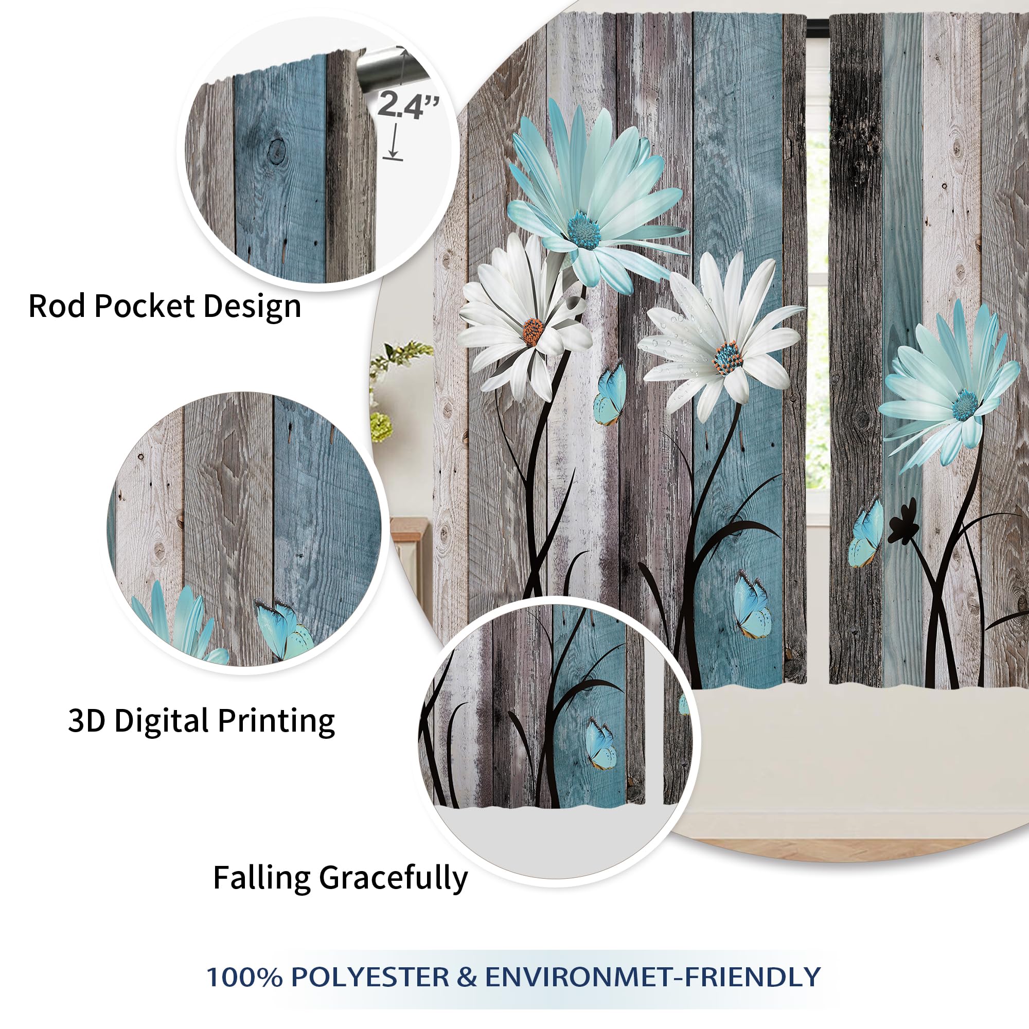 Laifzere Teal Farmhouse Daisy Curtains, Wooden Flower Window Curtains 29X63 Inch For Bedroom Living Room Decor, Rustic Floral Bu