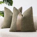 Sinyasan 18'X18' Moss Green Boucle Throw Pillow Covers With Faux Leather Accents Set Of 2 Fluffy Textured Decorative Pillow Ca