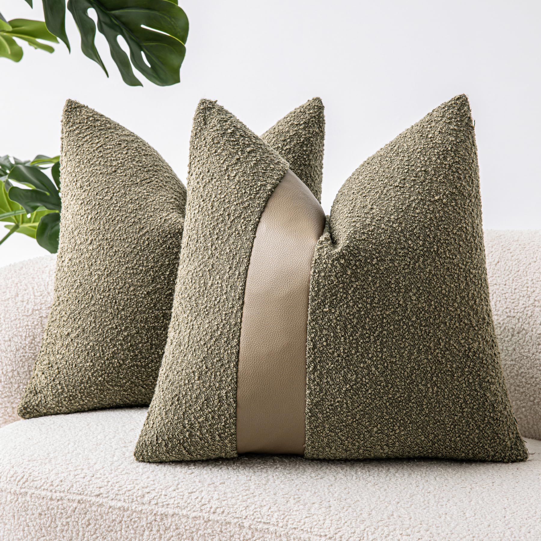 Sinyasan 18'X18' Moss Green Boucle Throw Pillow Covers With Faux Leather Accents Set Of 2 Fluffy Textured Decorative Pillow Ca