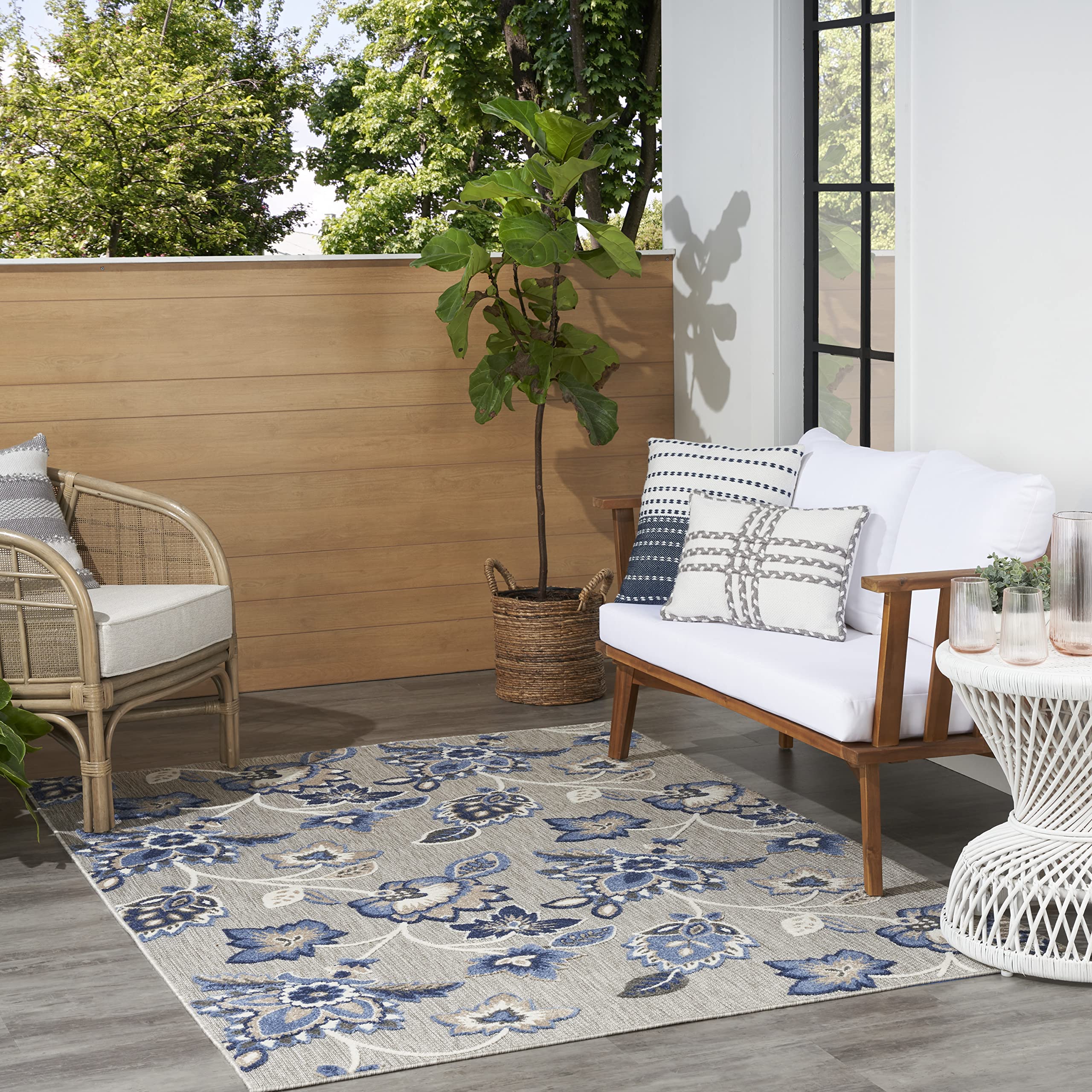Nourison Aloha Indoor-Outdoor Blue/Grey 5'3' X 7'5' Area Rug, Easy Cleaning, Non Shedding, Bed Room, Living Room, Dining Room, Kitchen (5X7)