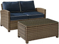 Crosley Furniture Bradenton 2-Piece Wicker Outdoor Coffee Table and Loveseat Patio Furniture Set for Porch, Brown with Navy Cushions