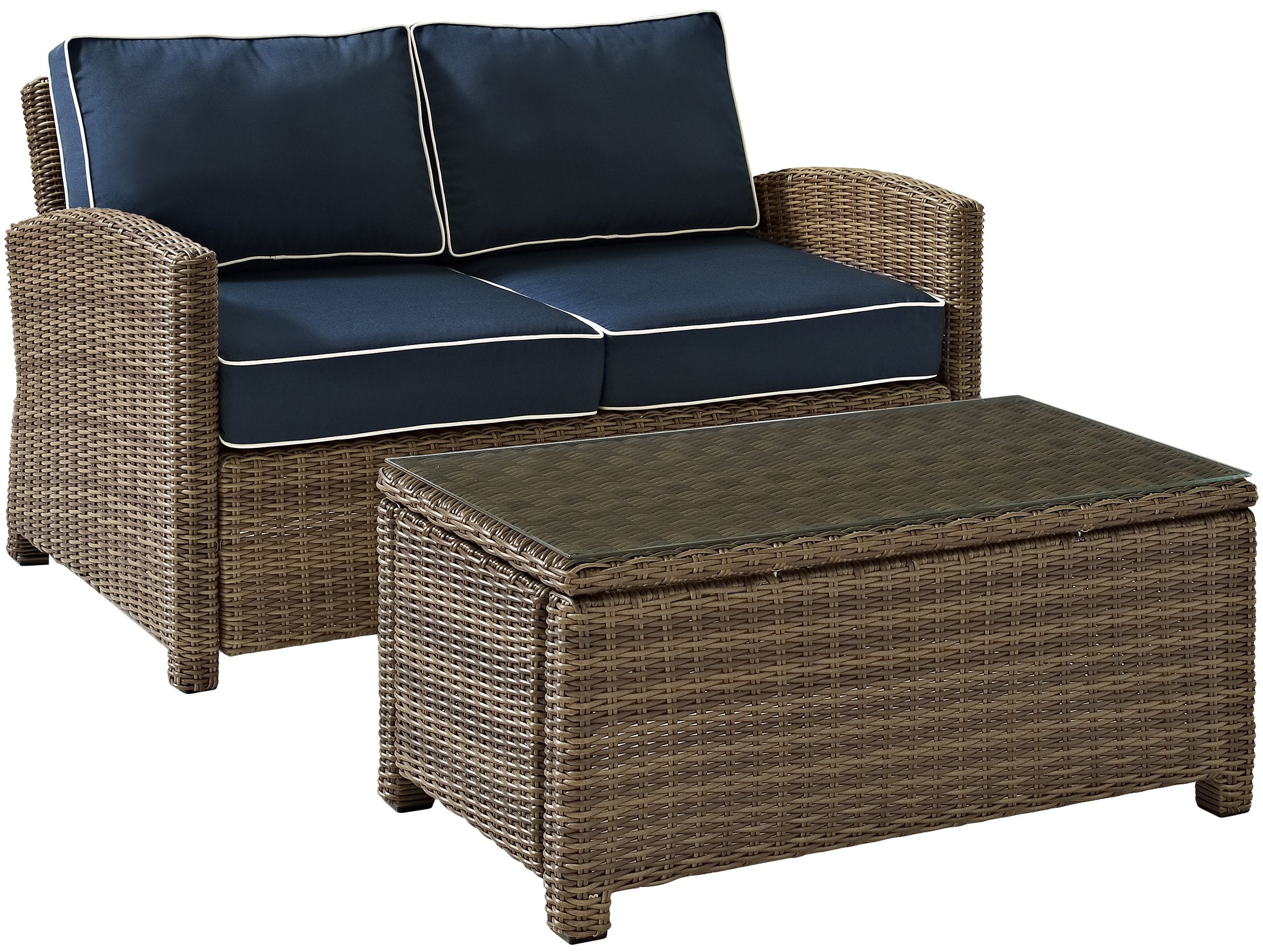 Crosley Furniture Bradenton 2-Piece Wicker Outdoor Coffee Table and Loveseat Patio Furniture Set for Porch, Brown with Navy Cushions