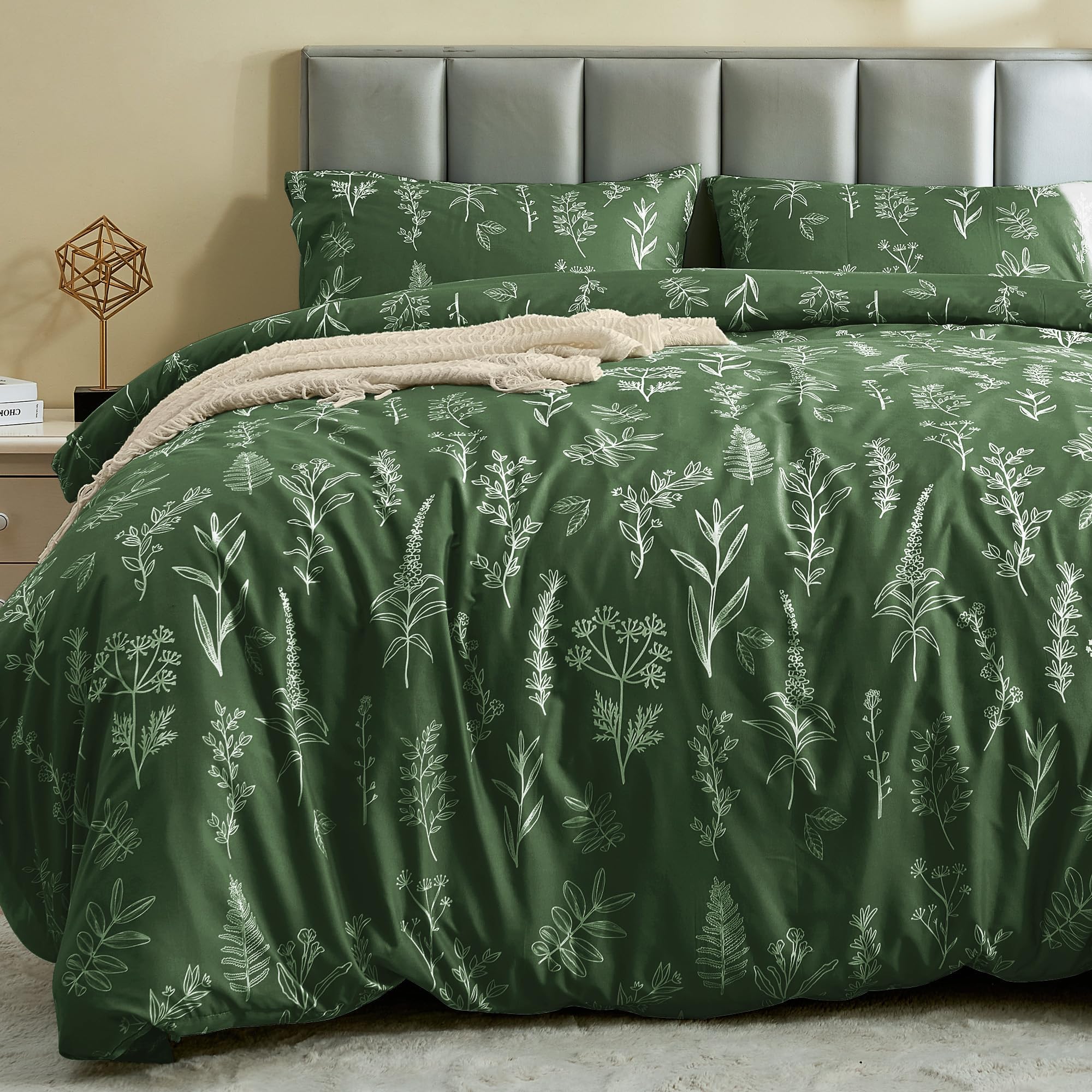 Muxhomo Duvet Cover Full Size, Reversible Floral Dark Green Duvet Cover Set With Zipper Closure, 3 Pieces Botanical Patterns Sof