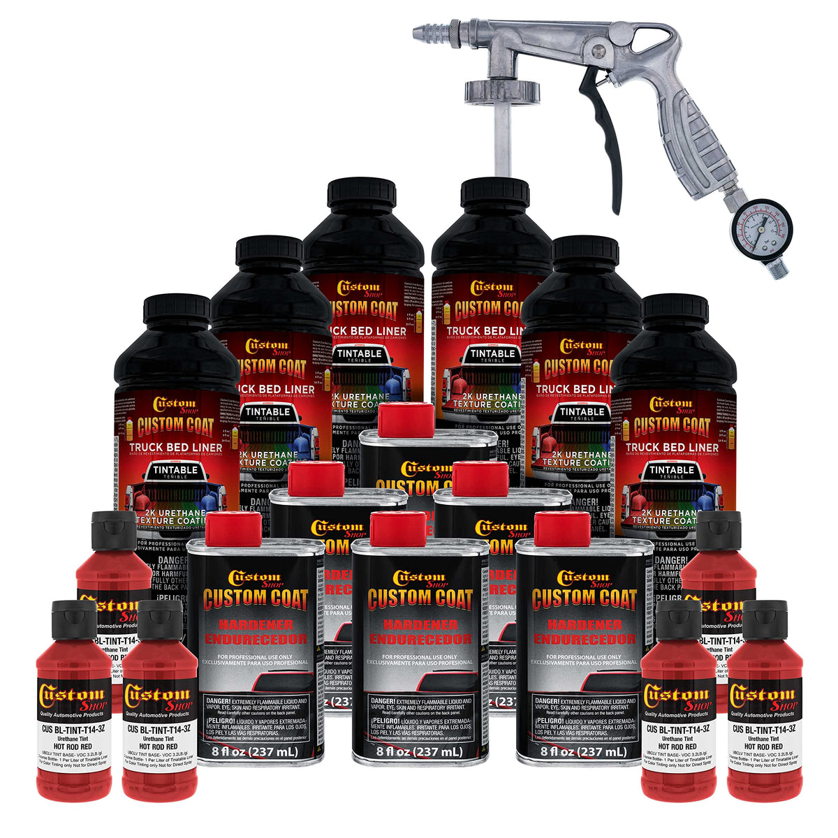 Custom Coat Hot Rod Red 1.5 Gallon (6 Quart) Urethane Spray-On Truck Bed Liner Kit With Spray Gun And Regulator - Easy Mixing, S