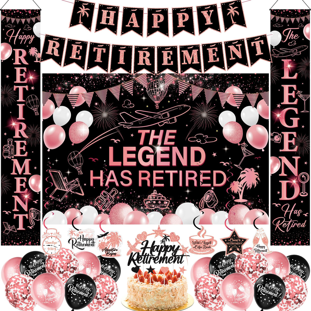 Retirement Party Decorations Banner Balloons  34 Pcs Happy Retirement The Legend Has Retired Banners Door Banner Hanging Swirls