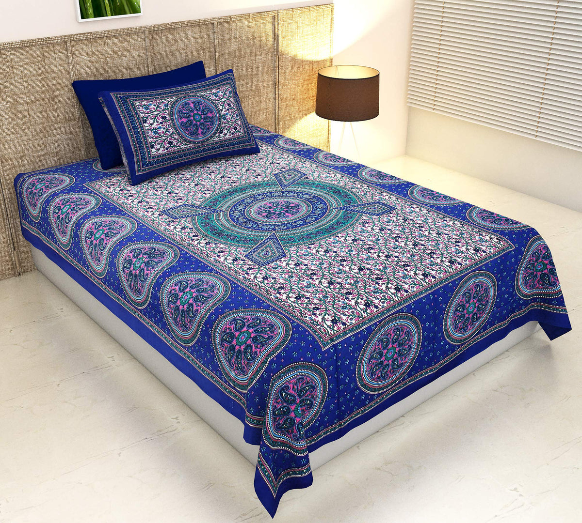 Home@shop Cotton 144 TC Ethnic Single Bedsheet with 1 Pillow Cover,Pack of 1  Blue