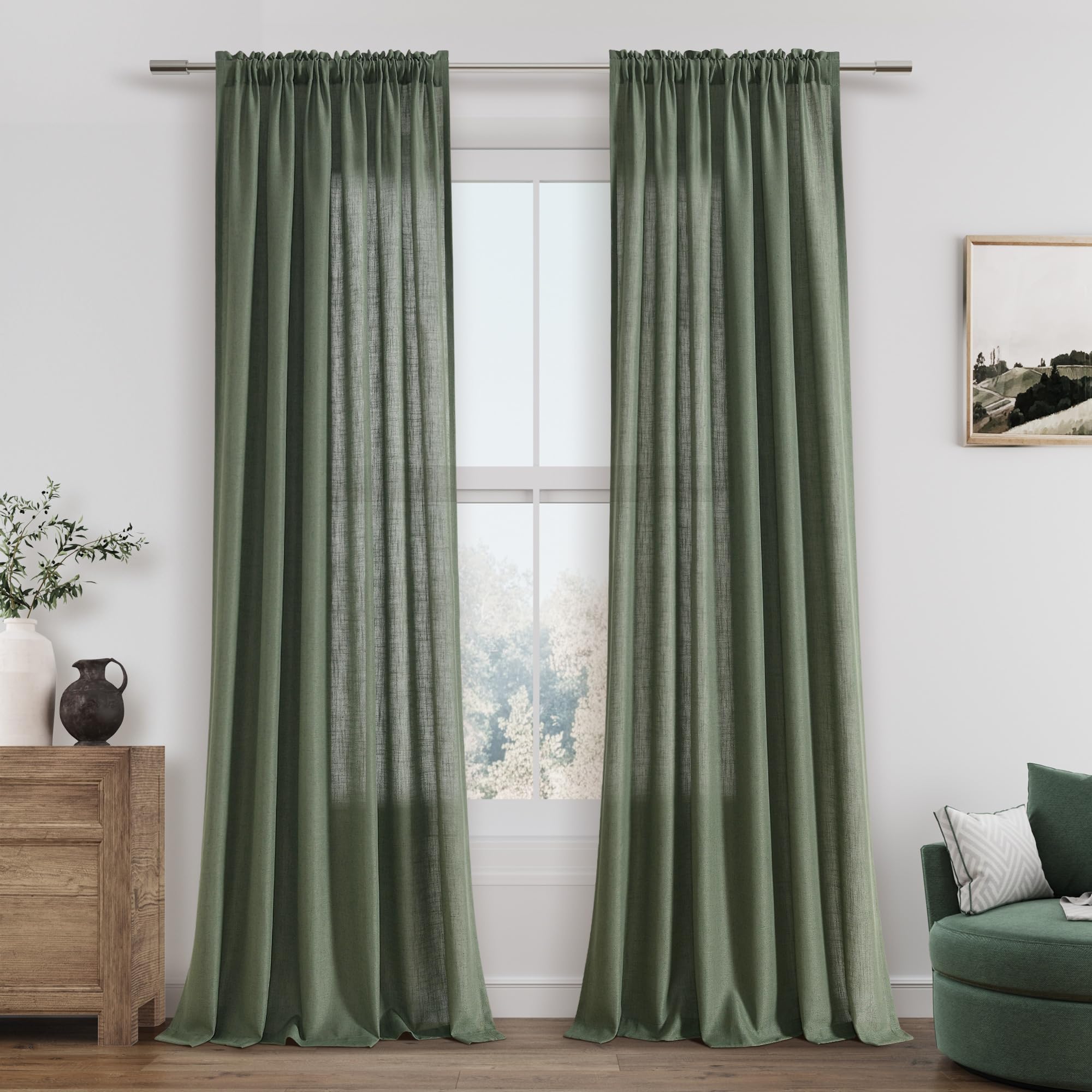 Guken Olive Green Linen Curtains 120 Inch Length For Living Room Bedroom 2 Panels Set Rod Pocket Light Filtering Semi Sheer Wind
