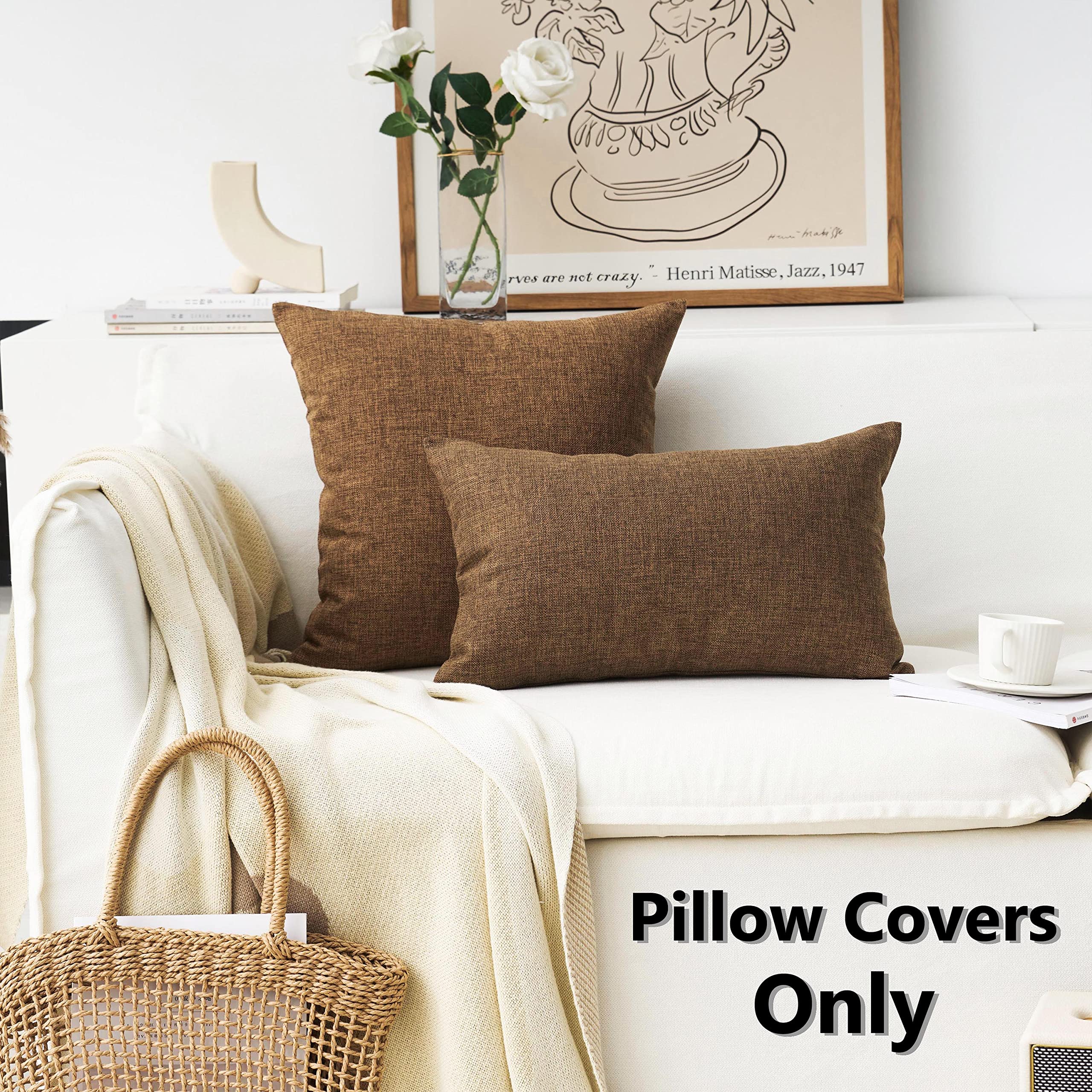 Home Brilliant Brown Pillow Covers Decoration Solid Linen Throw Cushion Cover For Living Room, 24X24 Inch, 60Cm