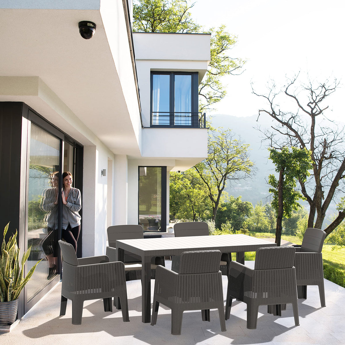 Dukap Lucca 7 Piece Patio Dining Set With Umbrella Hole, Outdoor Conversation Seats With All Weather Faux Rattan And Water Resistance | Grey