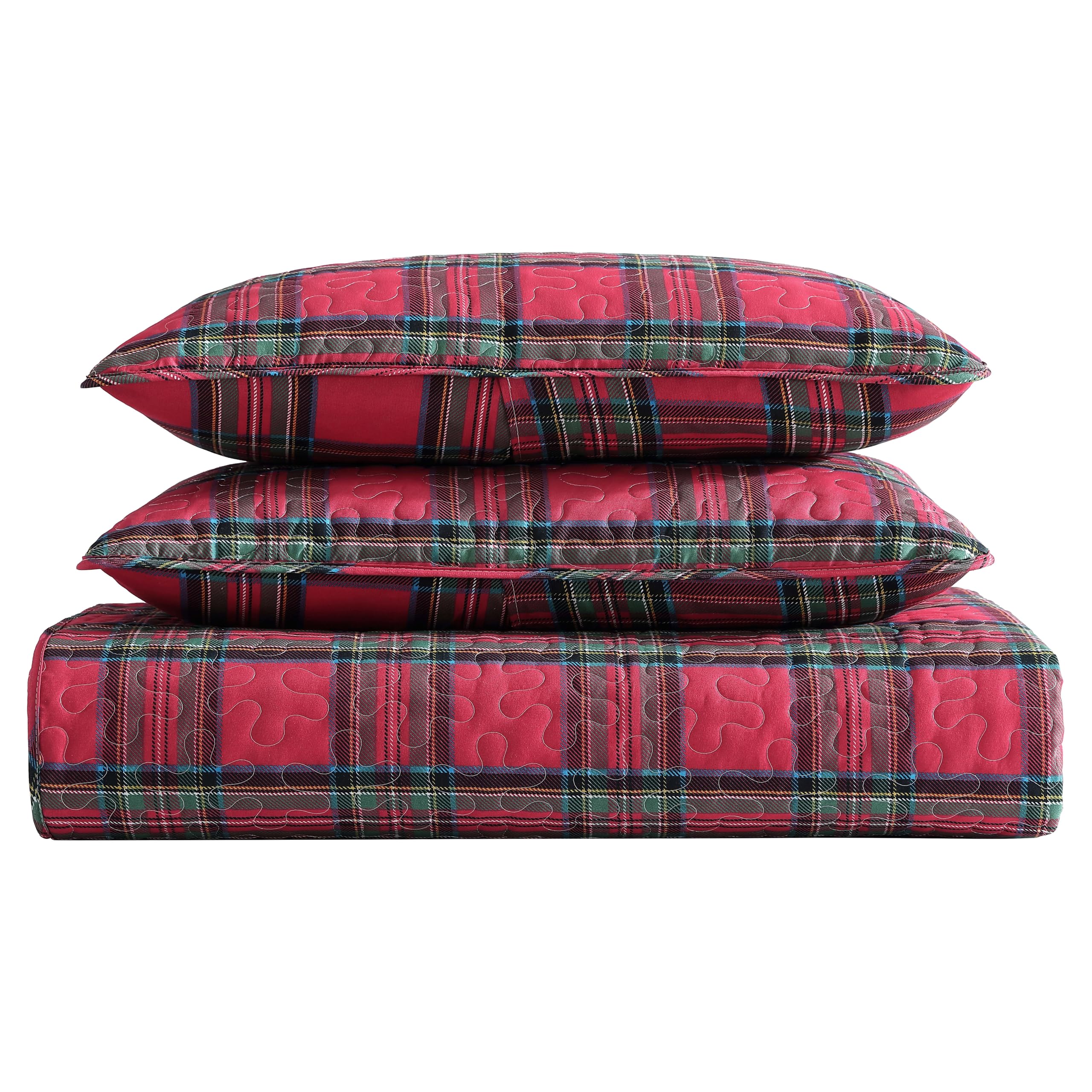 Beatrice Home Fashions Lightweight Full/Queen Holiday Quilt Bedding Set Tarick Plaid, Red, Black, Green