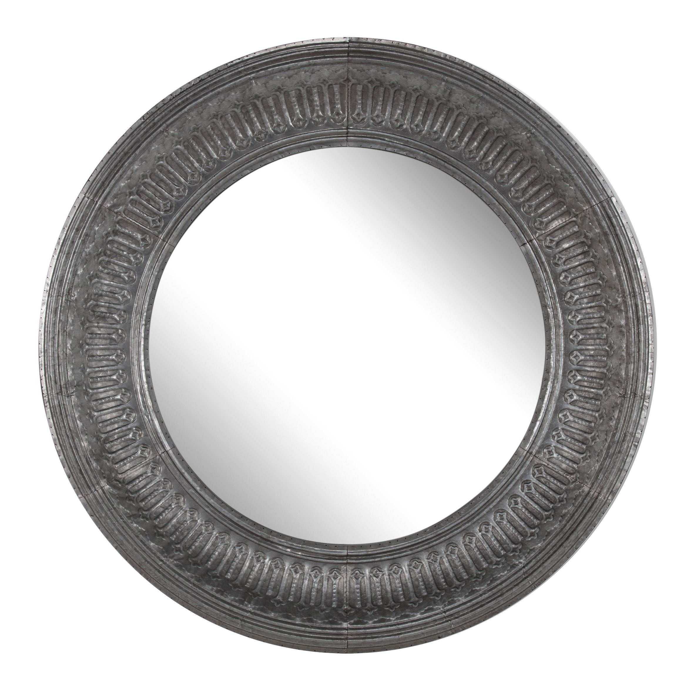 Benjara Gray Round Wall Mirror with Thick Embossed Metal Border, Antique