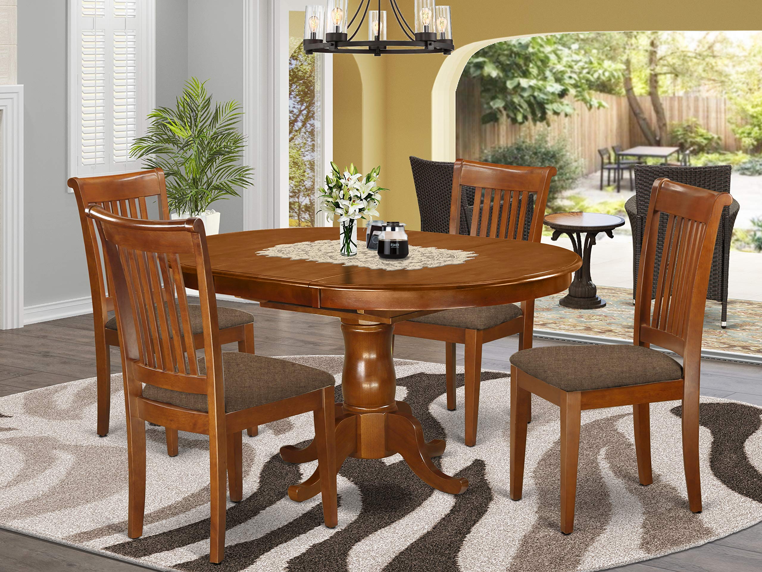 East West Furniture PORT5-SBR-C 5 Piece Room Furniture Set Includes an Oval Wooden Table with Butterfly Leaf and 4 Linen Fabric Kitchen Dining Chairs, 42x60 Inch