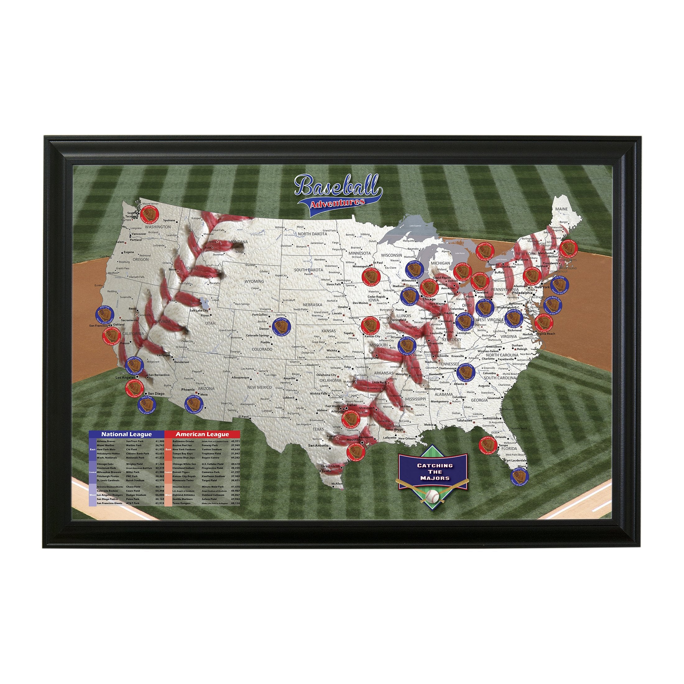 Push Pin Travel Maps Customizable Wall Art - Baseball Adventures - Black Frame - Framed Pin Map, Includes 150 Pins - Handcrafted