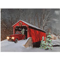 BANBERRY DESIGNS Lighted Red Truck Covered Bridge Canvas Print - Christmas Picture with LED and Fiber Optic Lights - Winter Scen