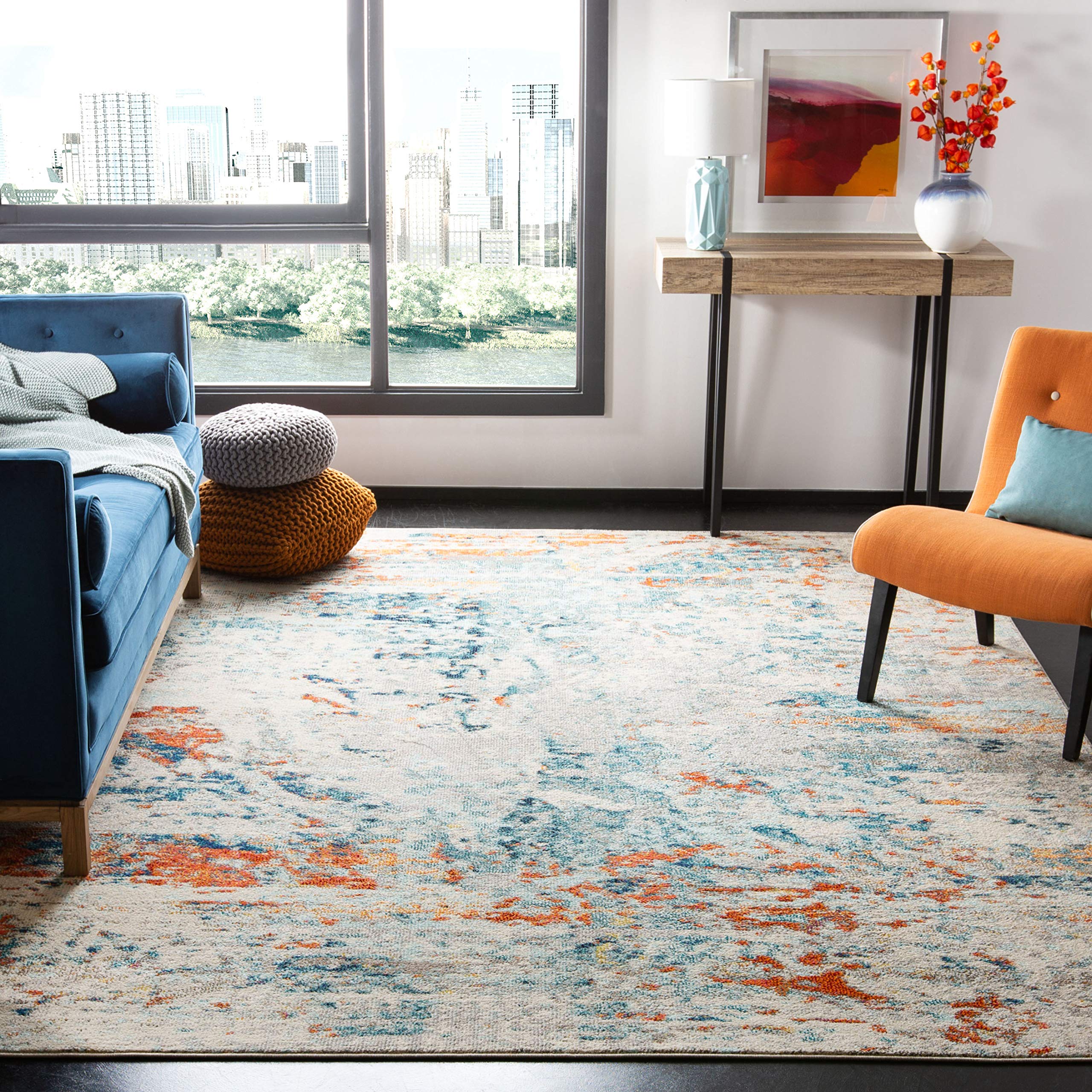 SAFAVIEH Madison Collection Accent Rug - 3 x 5, Cream & Orange, Modern Abstract Design, Non-Shedding & Easy Care, Ideal for Hi