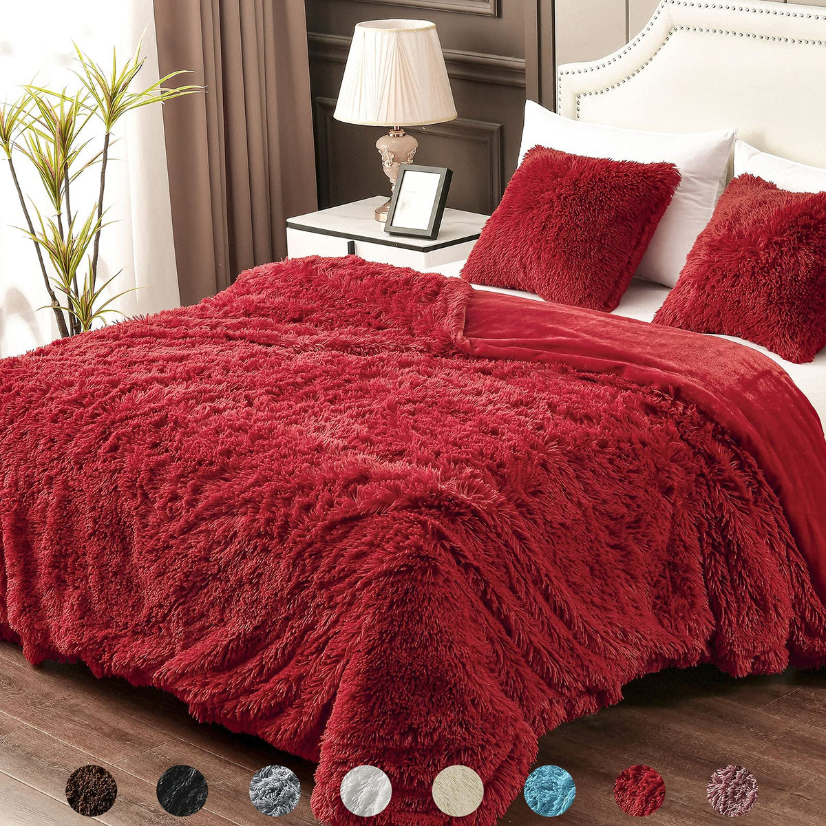 Yusoki Twin Size Faux Fur Throw Winter Blanket,2 Layers,(Red,60' X 80'),Whithout Pillows,Plush Fuzzy Soft Cozy Comfy Bed Blank