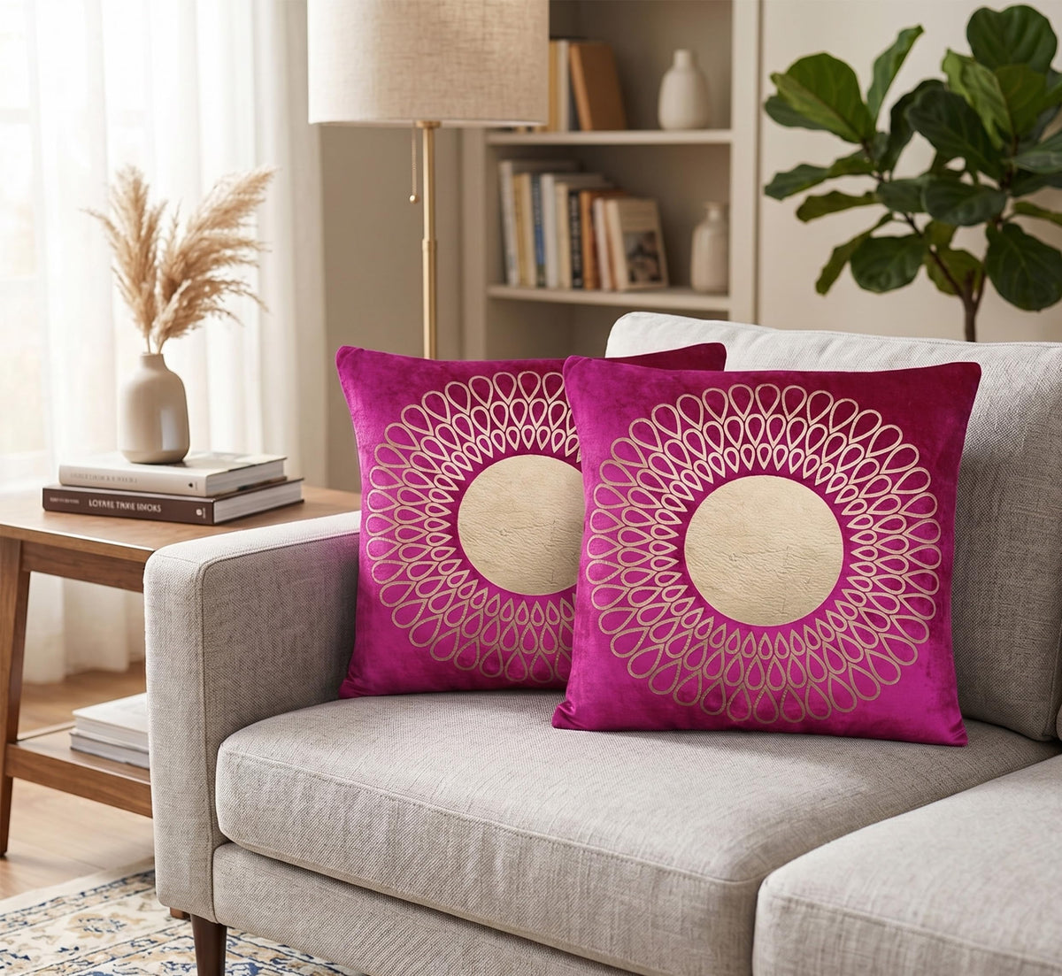 Dekor World Purple Cotton Velvet Golden Print Cushion Cover (Pack Of 2) 40X40 Cm (16X16 Inches)