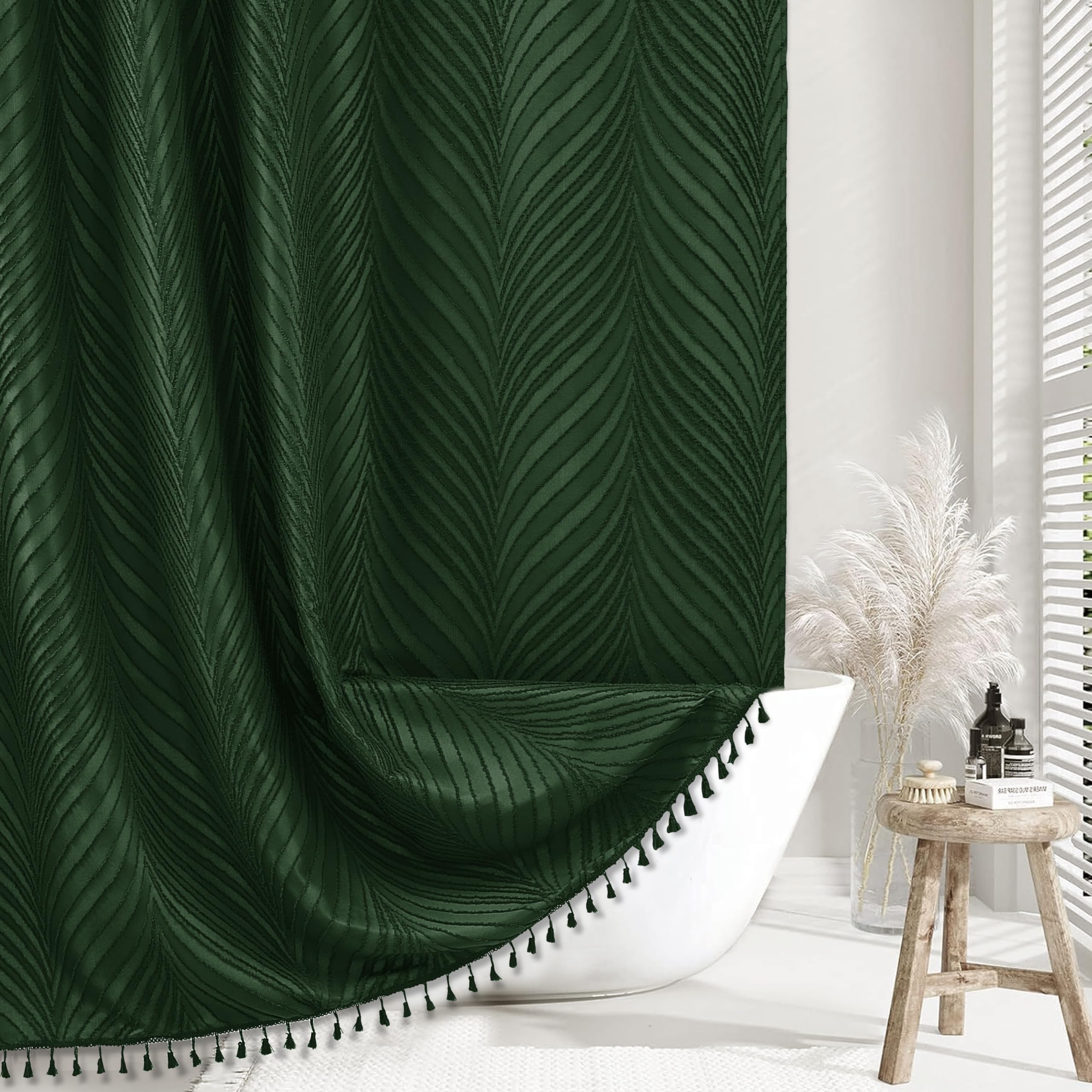 Siiluminisoy Extra Long Dark Green Boho Shower Curtain Woven Fabric Cute Shower Curtain, 72 X 78 Tufted Leaves Textured Striped
