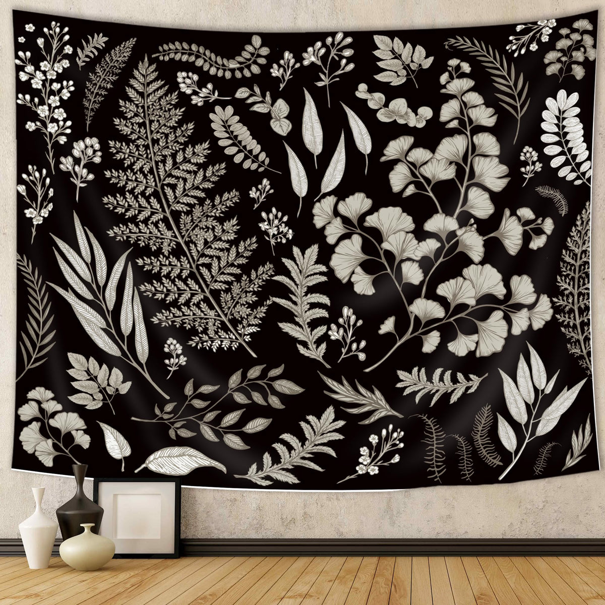 Botanical Tapestry Black Leaves Eucalyptus Vintage Simple Sage Wall Hanging