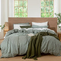 MooMee Gingham Duvet Cover Set 100% Washed Cotton Linen Like Textured Breathable Durable Soft Comfy Modern Checkered Design (For