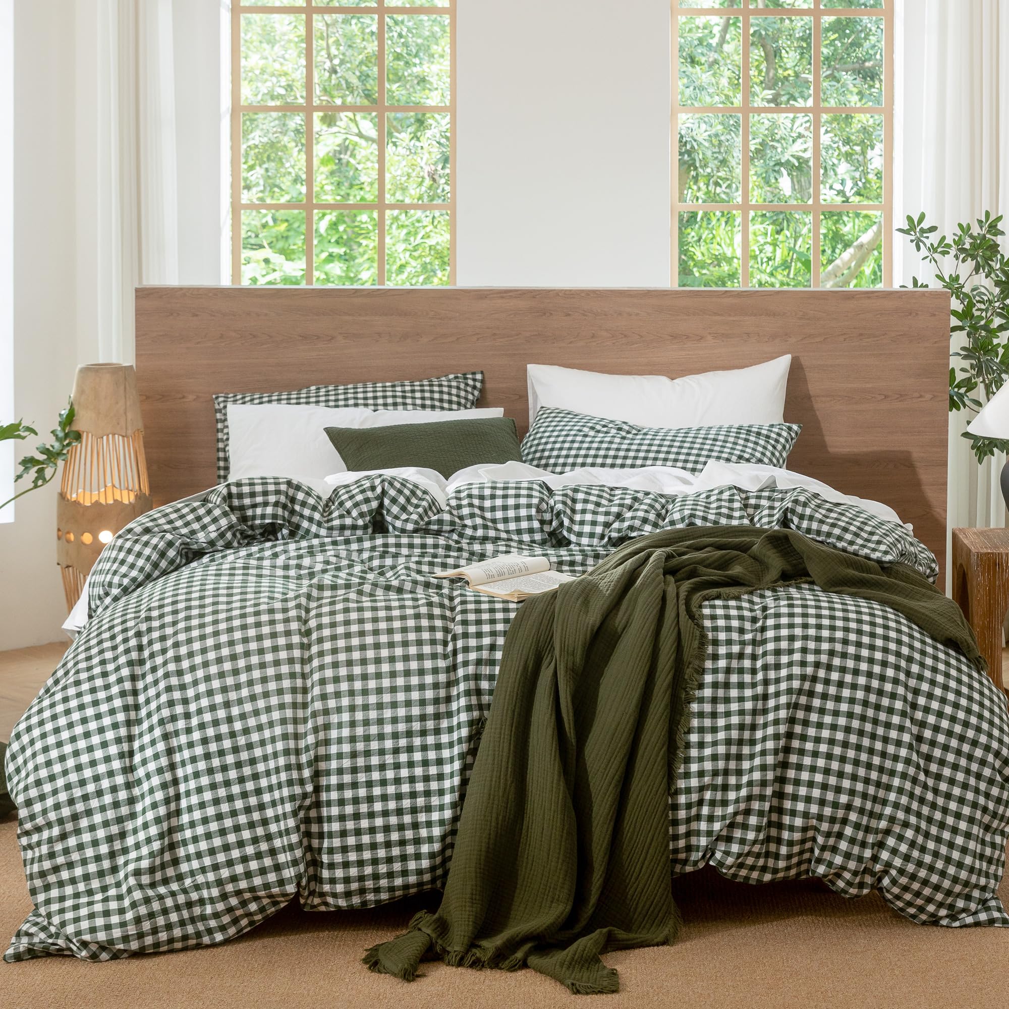 MooMee Gingham Duvet Cover Set 100% Washed Cotton Linen Like Textured Breathable Durable Soft Comfy Modern Checkered Design (For