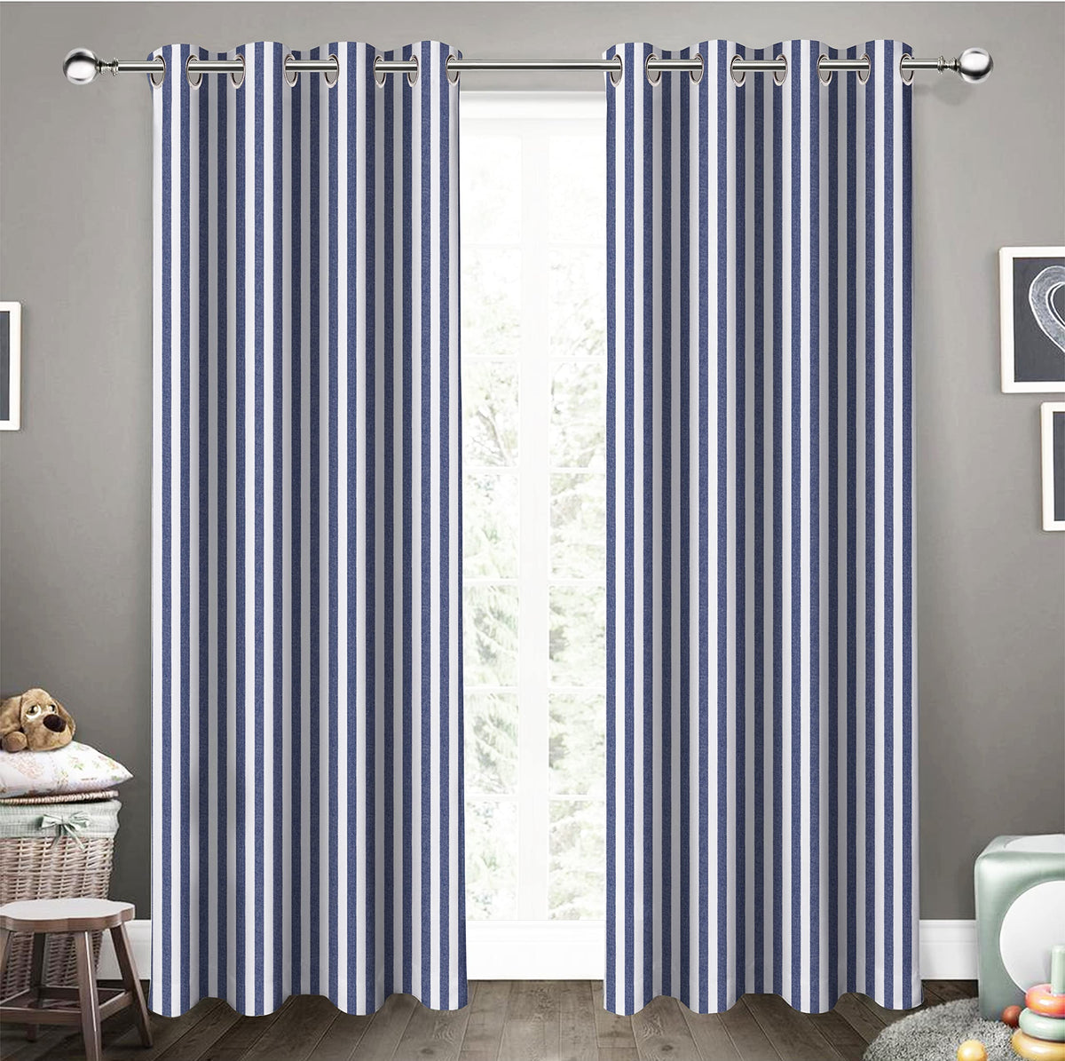 AIRWILL, Cotton Candy Stripe Blue Designed Striped Pattern Long Door  4x9ft Curtains  (Pack of 2 pcs)  Blue