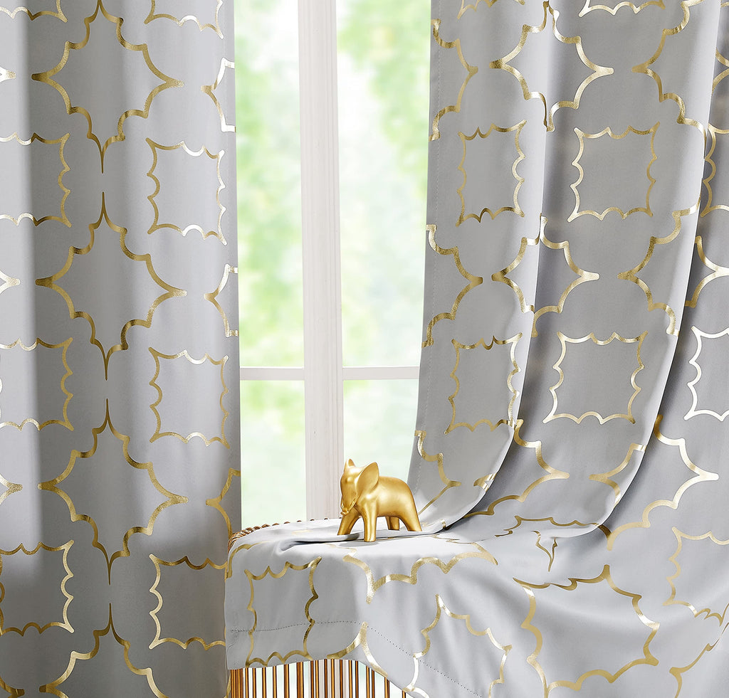 Purainbow Grey Blackout Curtain Panels For Bedroom 84' Gold Foil Moroccan Metallic Print Energy Efficient Drapes For Bedroom Li