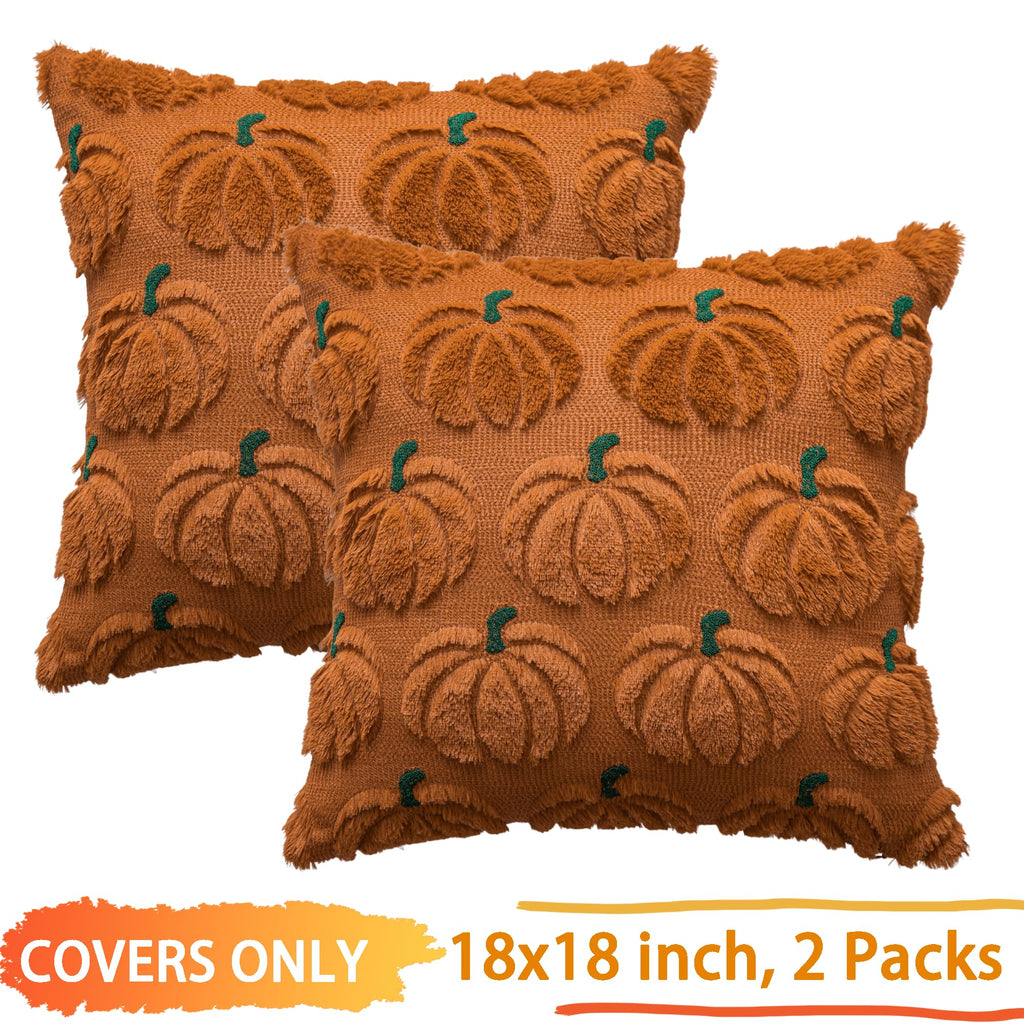 Cosibono Pumpkin Fall Decorative Throw Pillow Covers 18'X18', Set Of 2 Rust Green Soft Faux Fur Pillow Covers For Autumn Harve