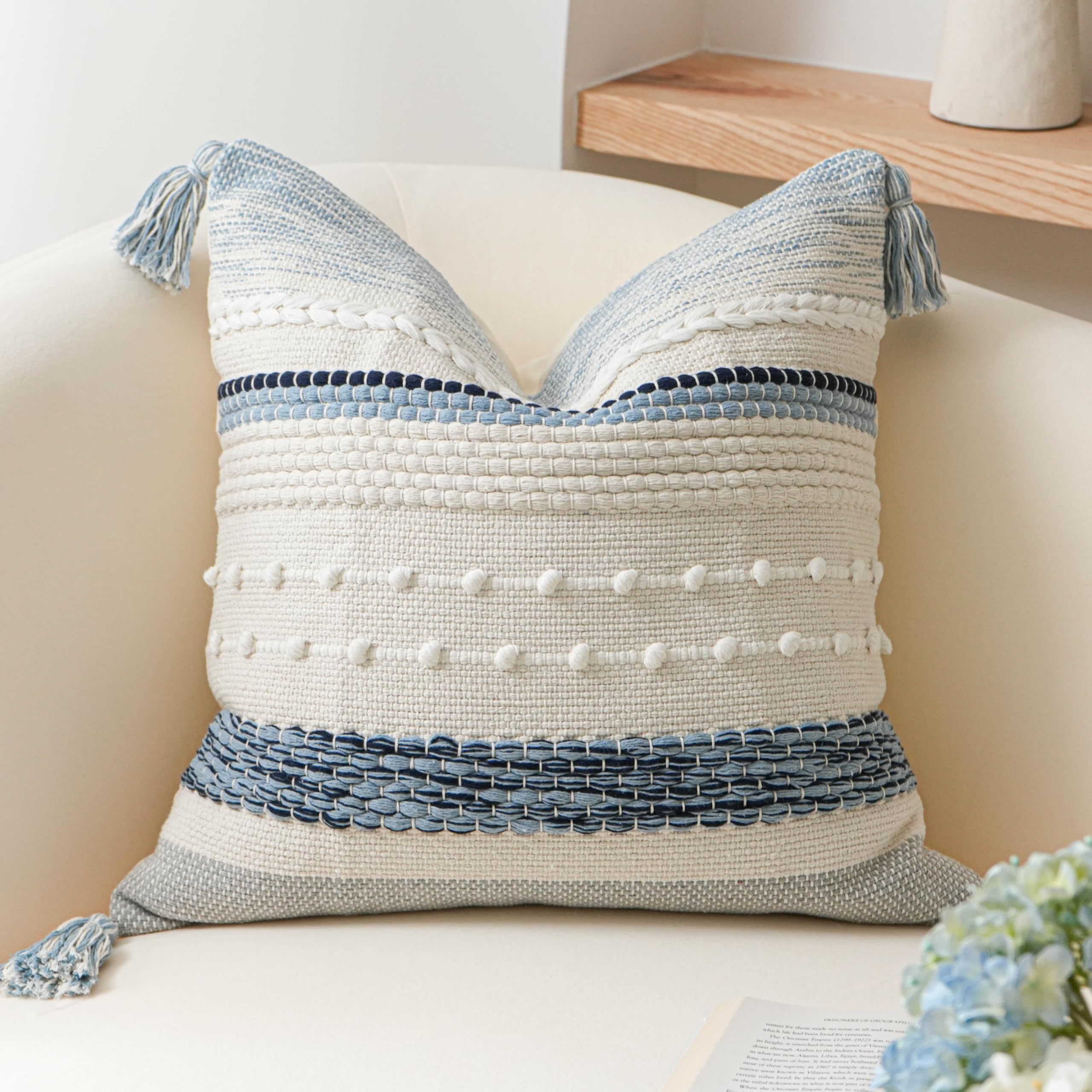 Blissblush Coastal Blue Boho Decorative Throw Pillow Cover 22X22 Modern Bohemian Accent Pillow Case Square Woven Textured Farmho