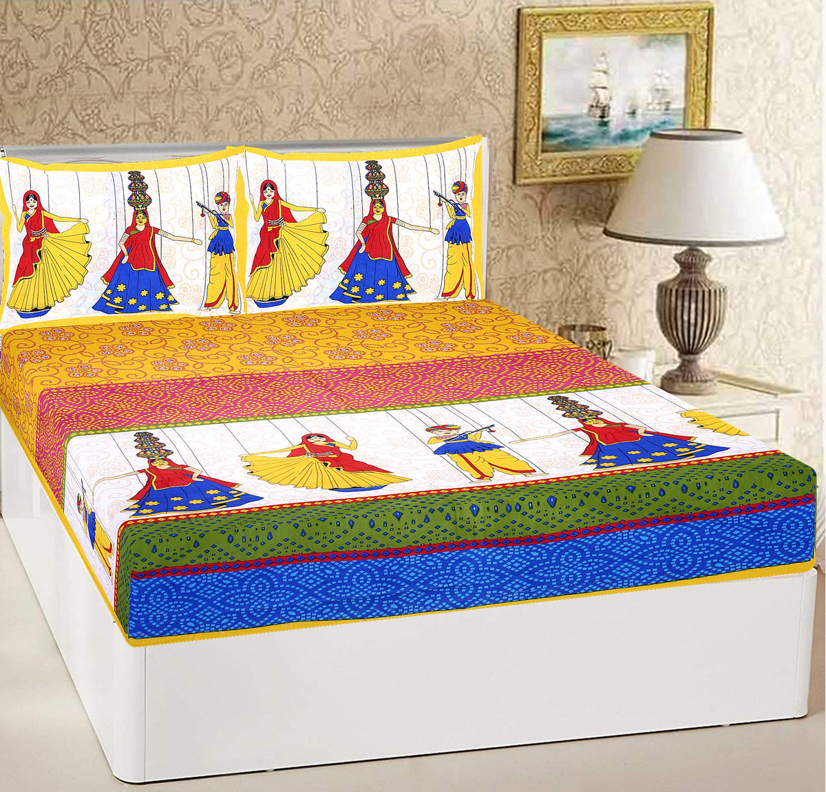 RajasthaniKart Pure 100% Cotton Double Bed Sheet with 2 Pillow Covers (Bedsheet for Double Bed Cotton, Yellow Kattputli Jaipuri,