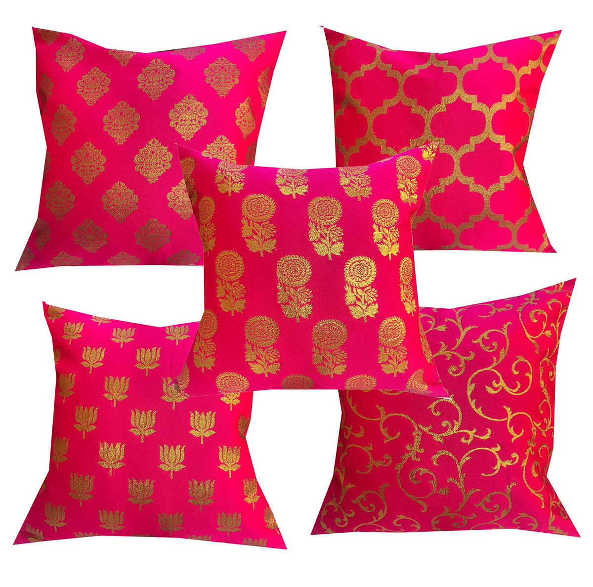 Pinkparrot Dopian Silk Multicolour Throw Pillow Covers/Cushion Covers (16X16 Inches)  Set Of 5Pink 3