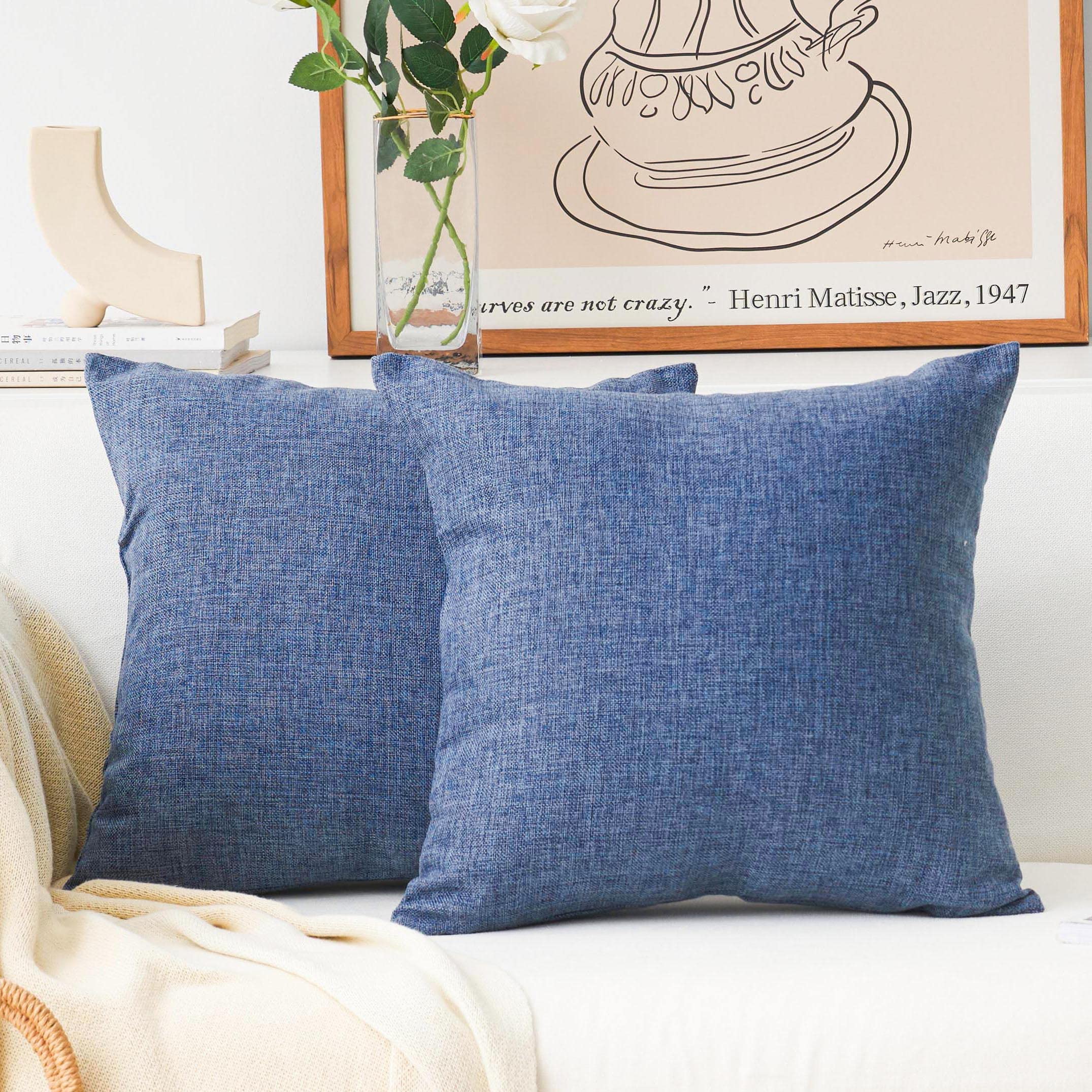 Home Brilliant 2 Pack Burlap Lined Linen Euro Pillow Shams Covers Large Pillowcases For Bedroom Couch, 24 Inch(60X60Cm), Navy Bl