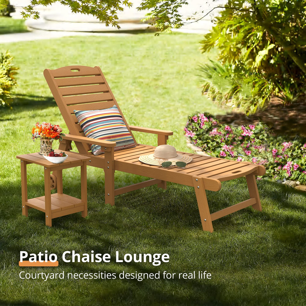 Lue Bona Chaise Lounge Chairs Set With Table, 3-Piece, 79'' Oversized Hdps Chaise Lounger, 5 Positions Adjustable Lounge Chairs, Pool Lounge Chair With Wheels For Poolside, 3 Year Warranty, Teak Color