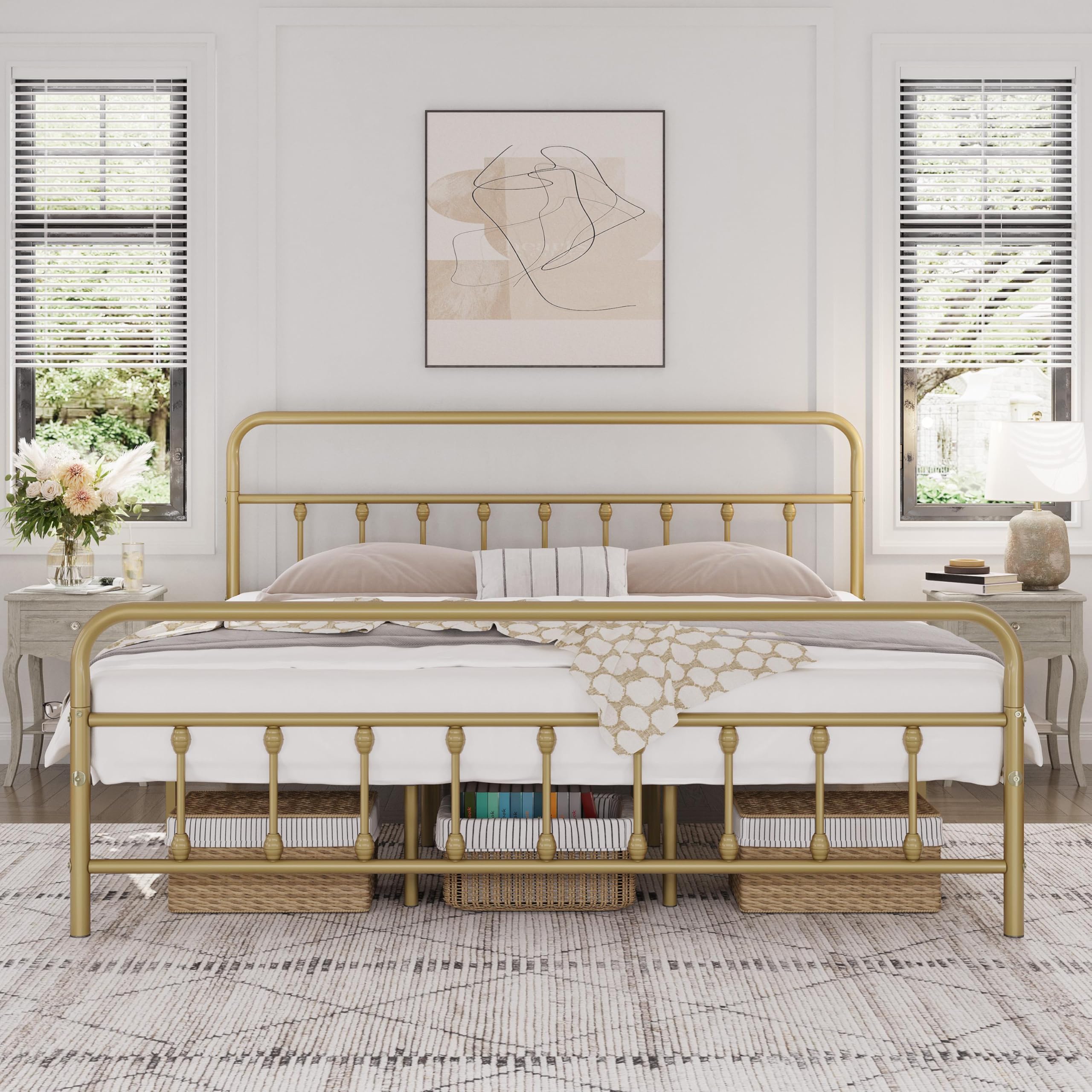 Yaheetech Classic Metal Platform Bed Frame Mattress Foundation with Victorian Style Iron-Art Headboard/Footboard/Under Bed Stora