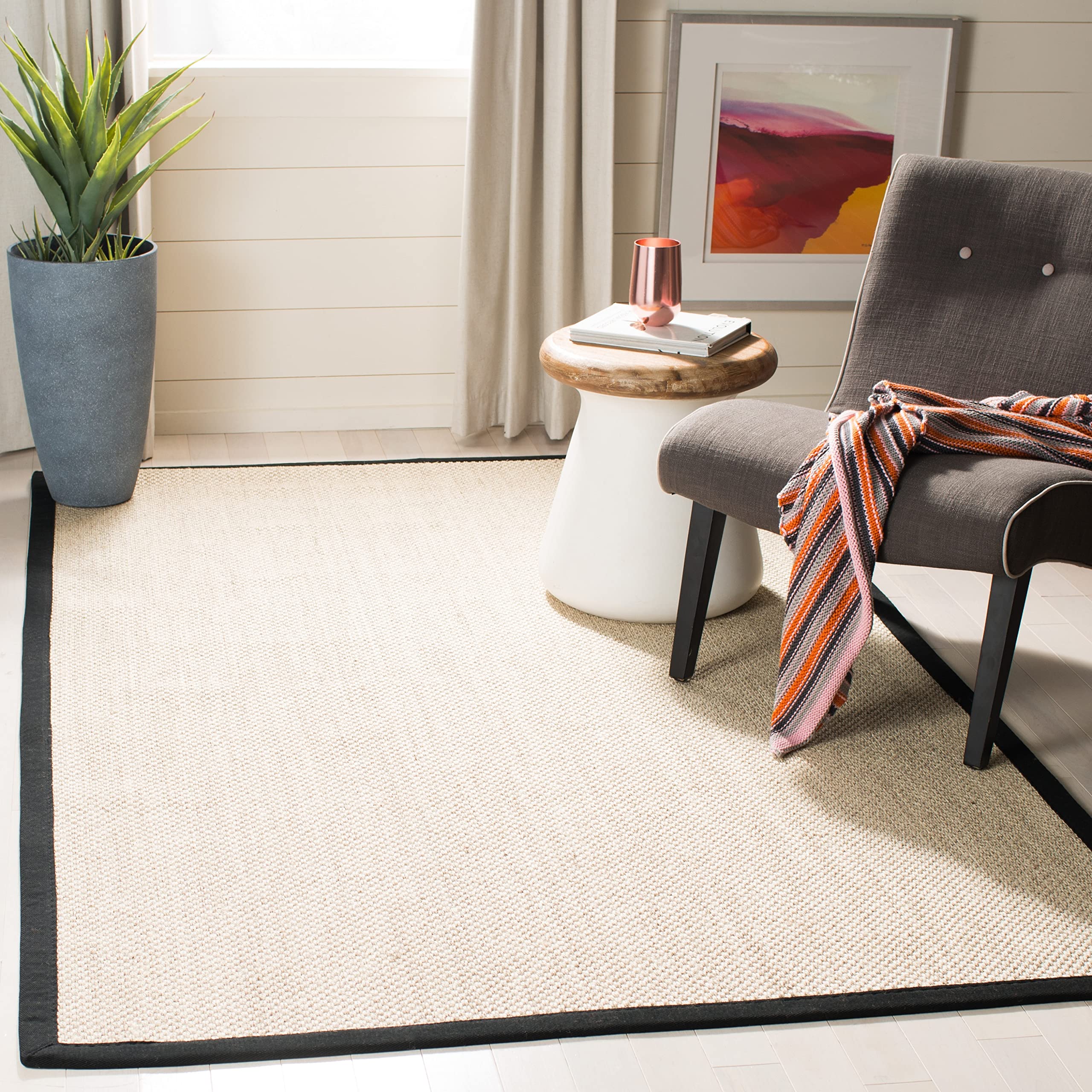 SAFAVIEH Natural Fiber Collection Area Rug - 4 Square, Marble & Black, Border Sisal Design, Easy Care, Ideal for High Traffic A